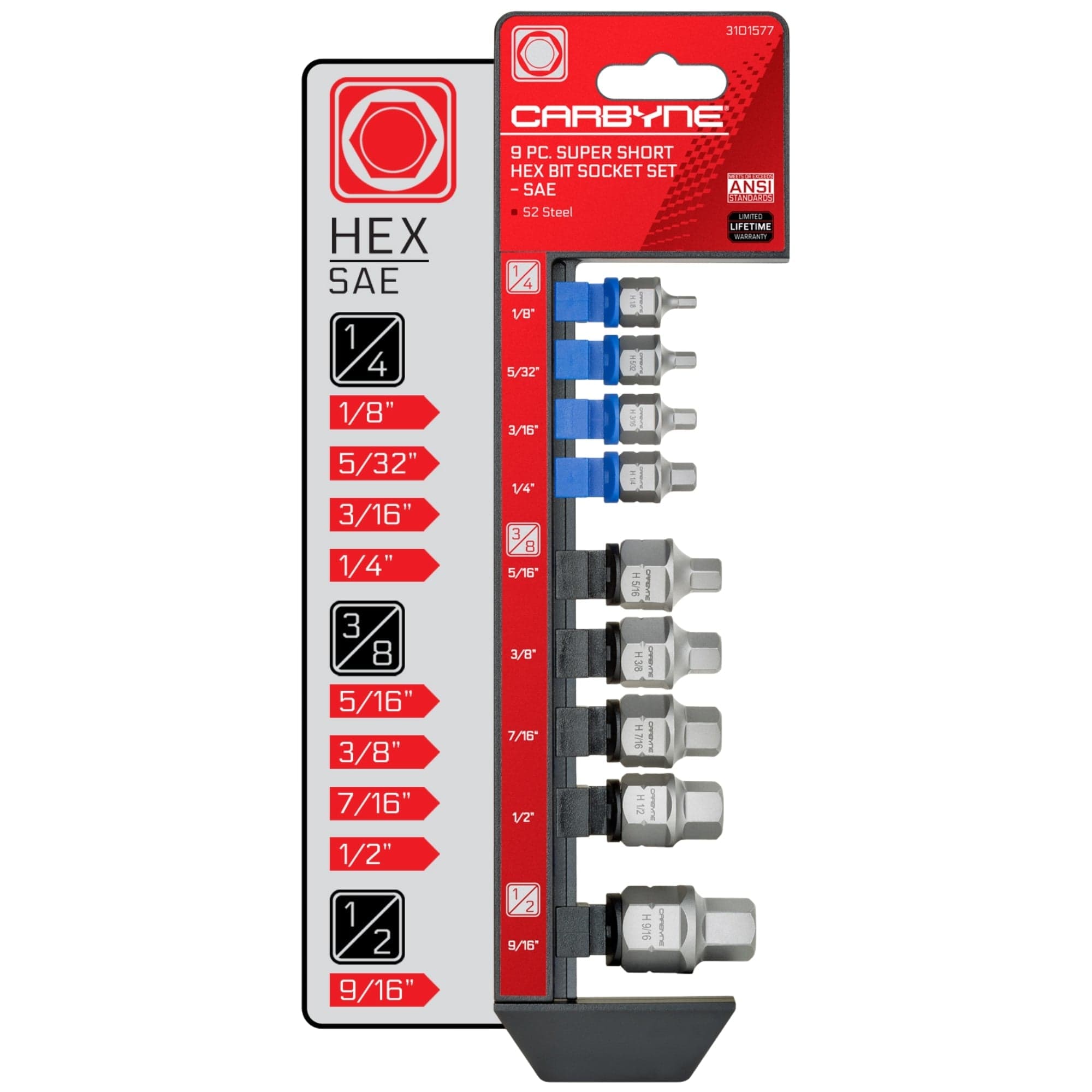 CARBYNE  9 -Piece Stubby Low Profile SAE Hex Bit Socket Set 1/8 to 9/16 inch Super Short Allen Sockets with Dual Drive Internal Square and External Hex Drive for Tight Confined Spaces