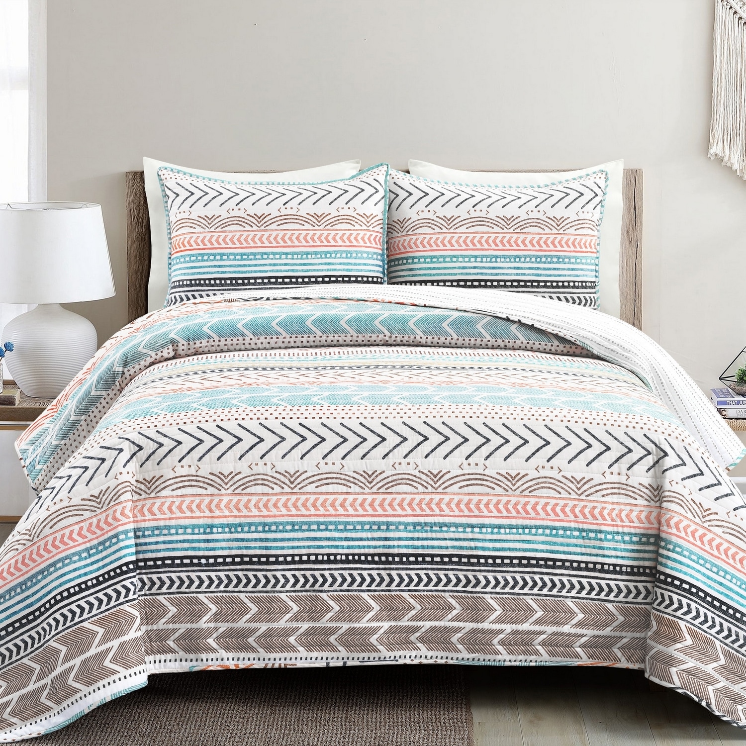 King Multicolor Cotton Reversible Geometric Quilt Set