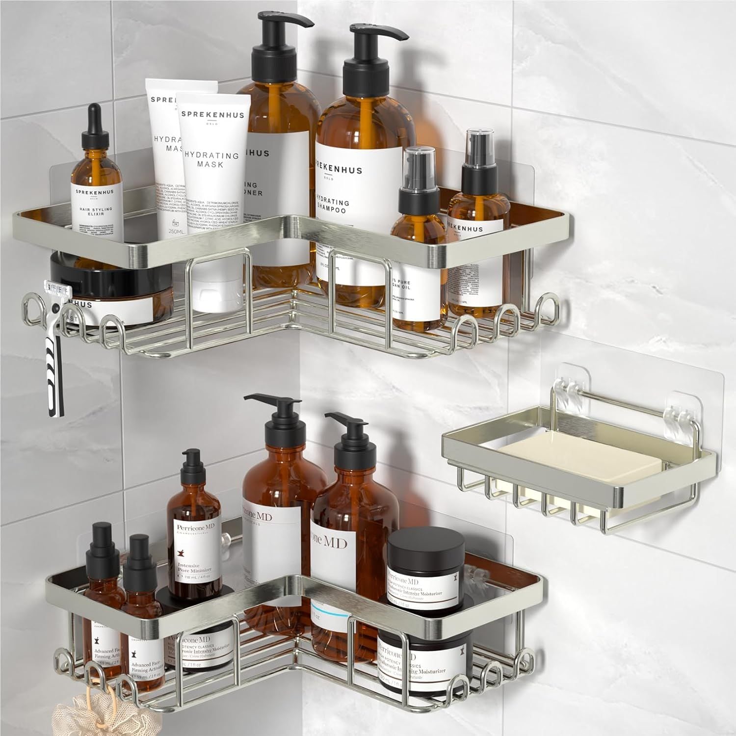 JUSHUA Corner Shower Caddy 3-Pack Adhesive Shower Caddy with Soap Holder and 12 Hooks Rustproof Stainless Steel Bathroom Organizer No Drilling Wall Mounted Shower Rack Nickel