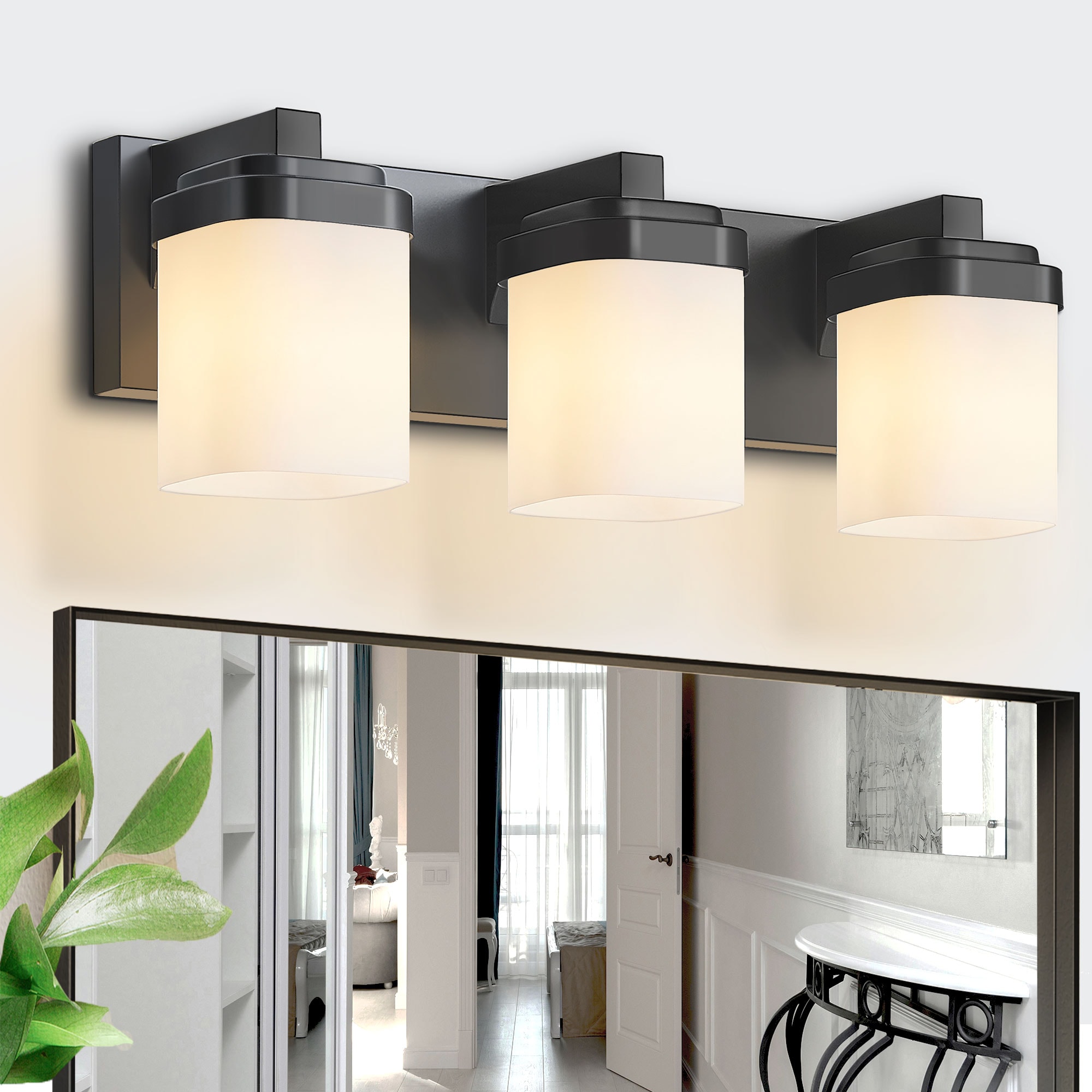 DIKAIDA Bathroom Vanity Light Fixture Black 3-Light Vanity Light Over Mirror Modern Wall Sconce Lighting with Square Frosted Glass