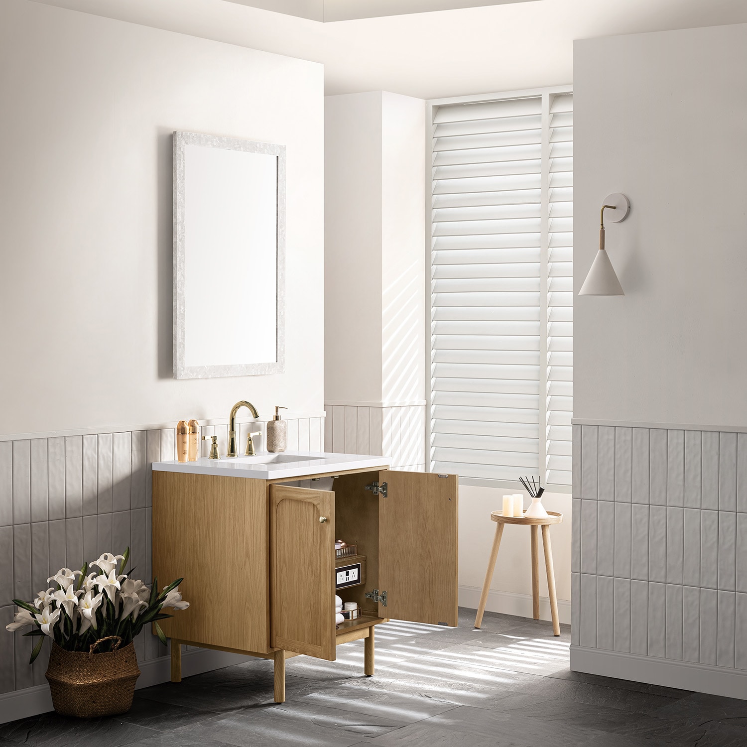 Light Natural Oak Wall-Mount Single Vanity with White Quartz Top