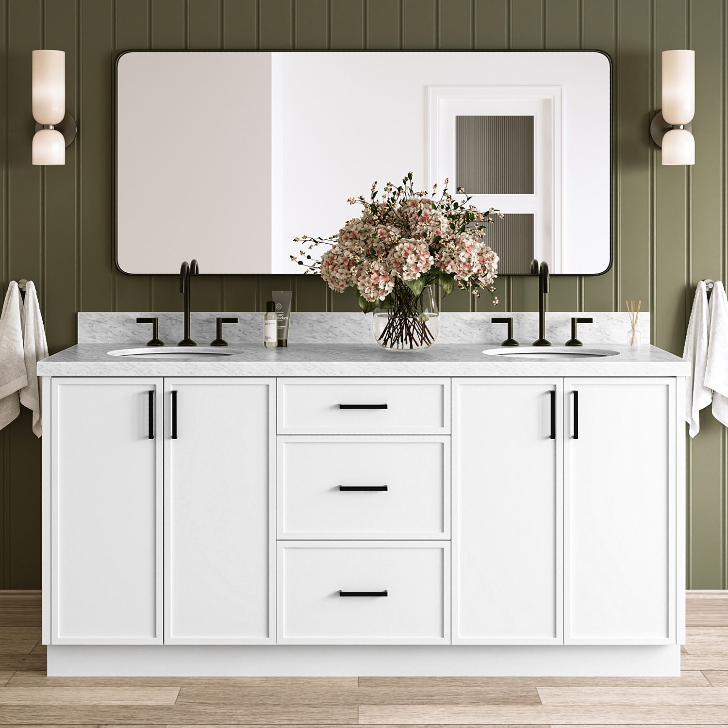 ARIEL - Kelly 72-in White Undermount Double Sink Bathroom Vanity with Carrara White Marble Marble...