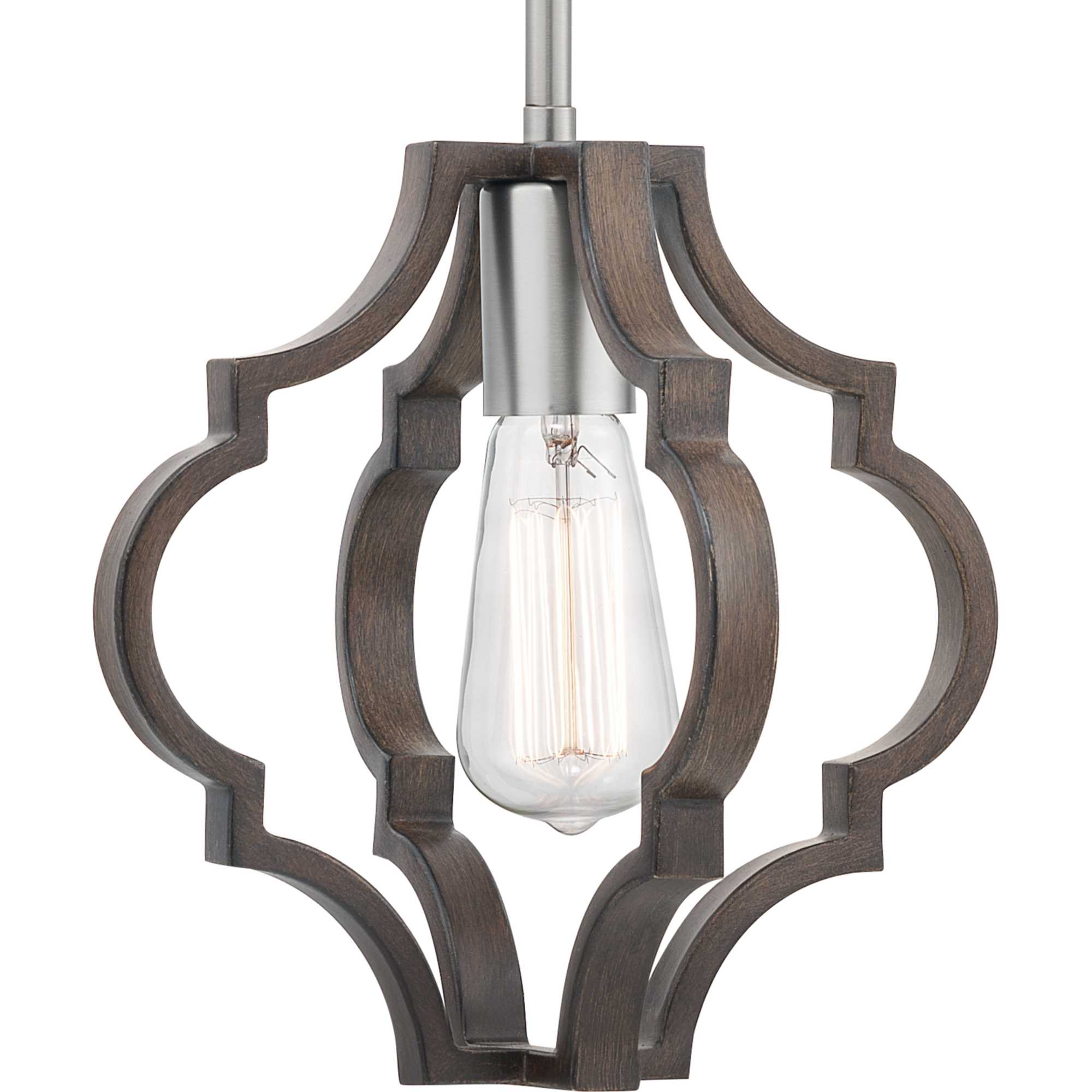 Progress Lighting P500256-147 Teigen 1 -Light Satin Nickel and Teak Wood Farmhouse Geometric Medium Hanging Pendant light