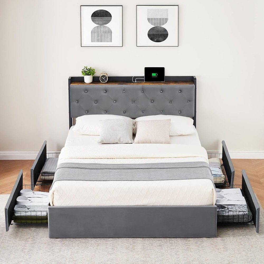 Garvee PHO-0XDMESLW Gray Queen Metal Upholstered Bed with Storage