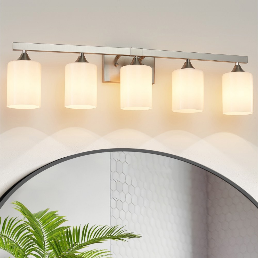 Basdien 29 in Silver 5 Light Brushed Nickel Bathroom Vanity Light Metal Wall Sconce Frosted Milk Glass Shade Wall Lamp Family Washroom Bedroom Powder Room E26 Up Down Mounting No Bulb Included Soft Diffused Illumination Anti Rust Dimmable Chic