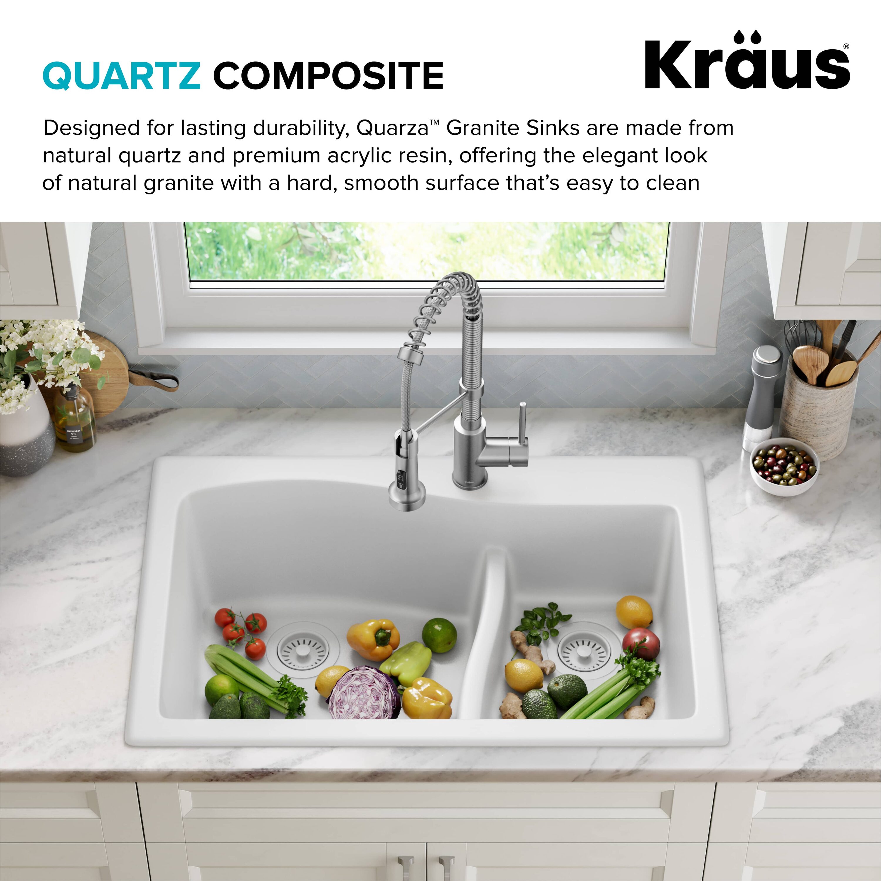 White Granite 33" Dual Bowl Drop-In Kitchen Sink