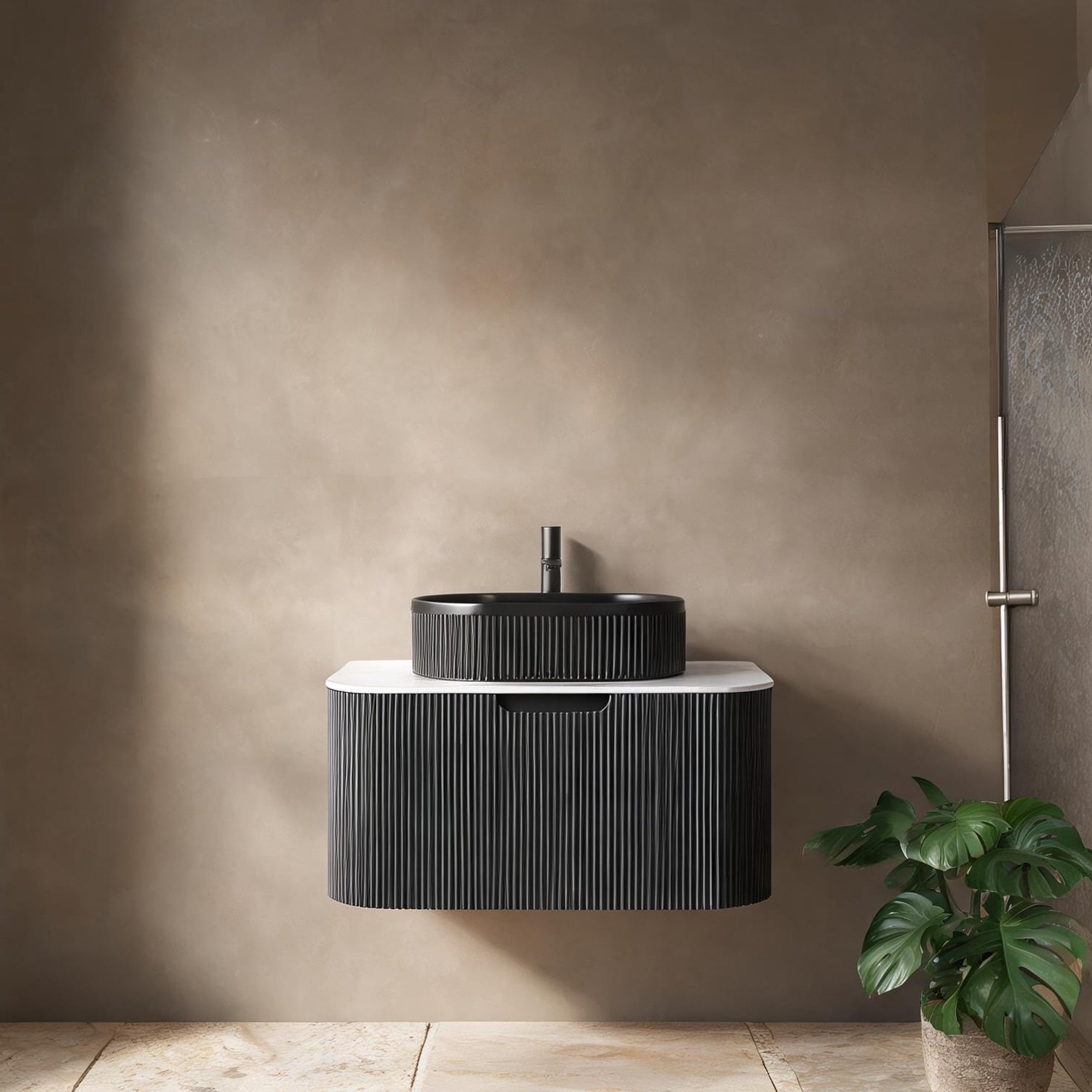 Naturefalls - Black Carrara White Floating Vanity 30-Inch Wall-Mount Bathroom Cabinet with Sinter...