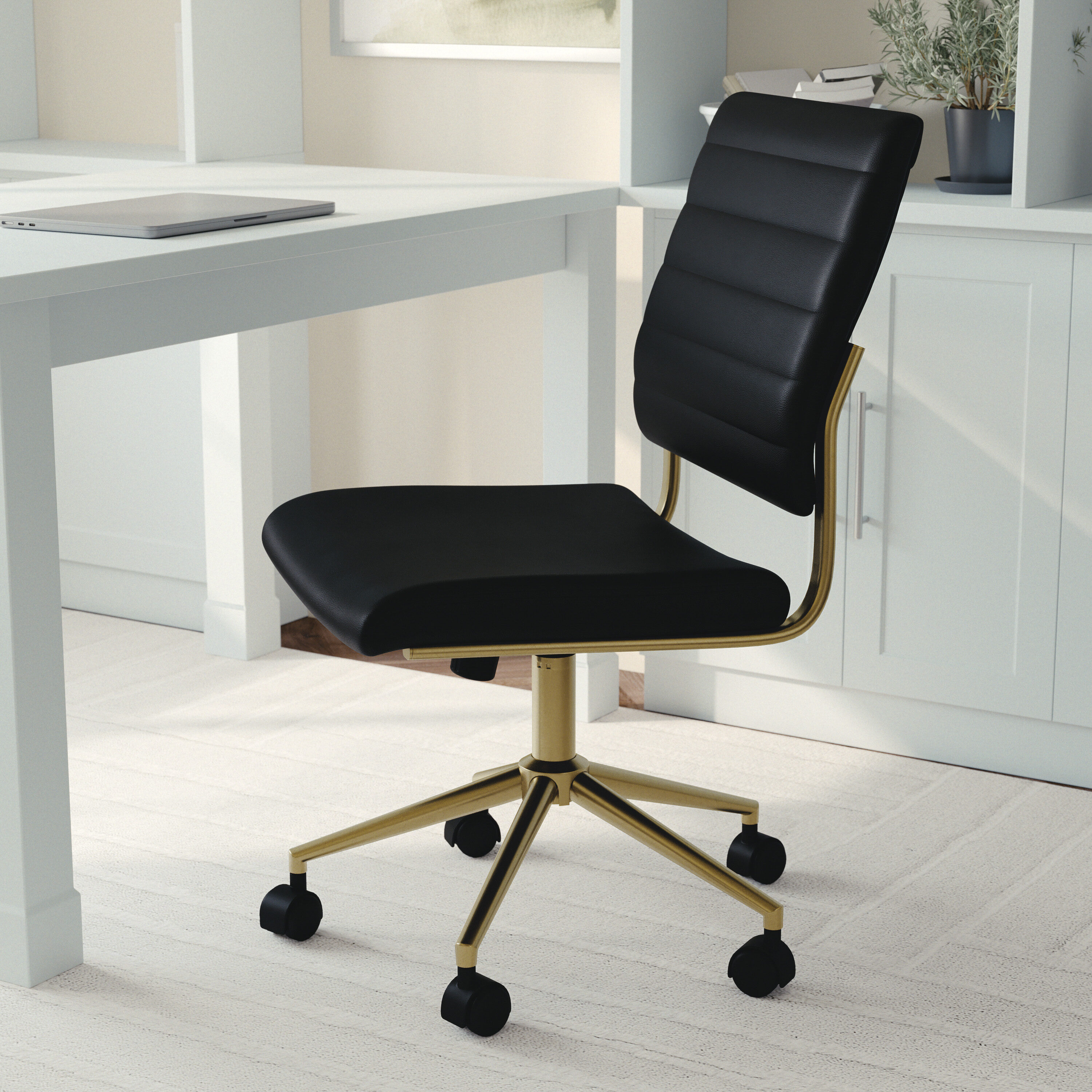 Black Faux Leather Armless Swivel Office Chair with Brass Frame