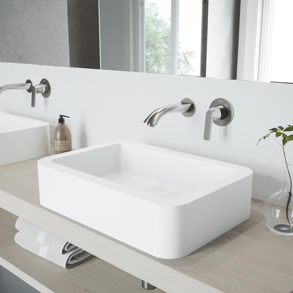 VIGO VGT954 Vessel Sinks Matte White Matte Stone Vessel Rectangular Bathroom Sink with Faucet Drain Included (22.75-in x 15.75-in)