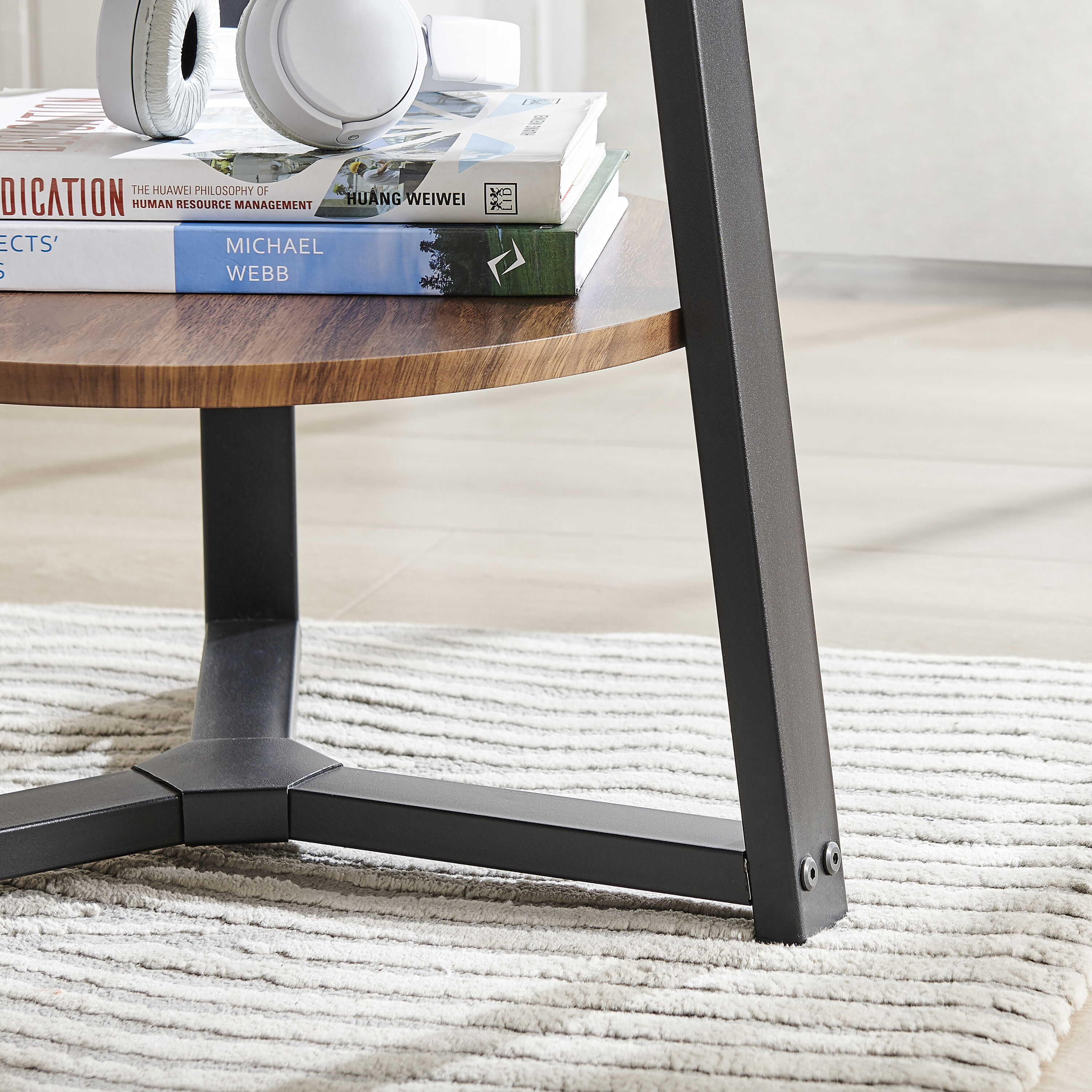 Walnut and Black Round Two-Tier Accent Table with Metal Legs
