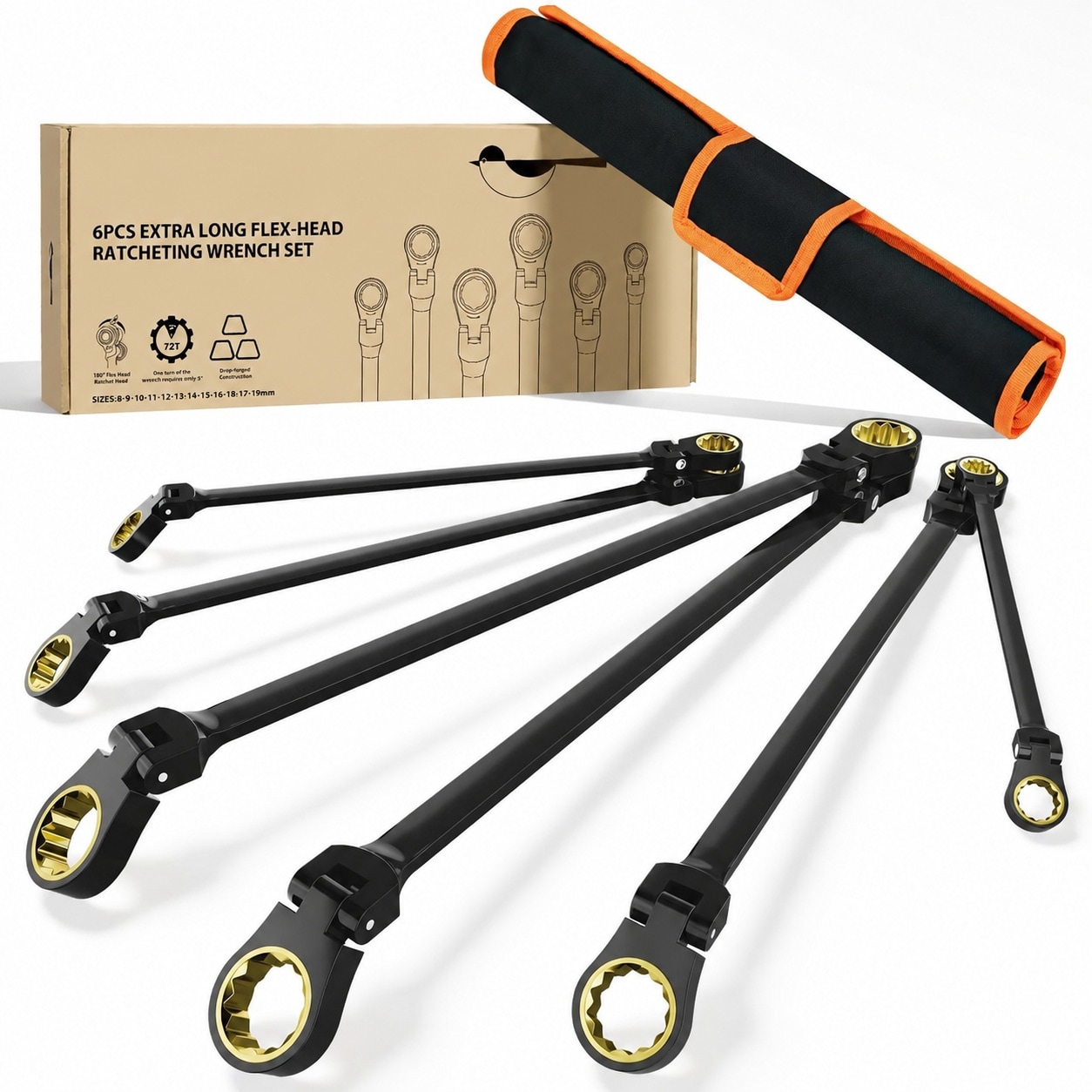 Linder Group Inc Extra Long Flex Head Ratcheting Wrench Set 6pcs Metric Double Box End 8mm to 19mm EVA Foam 180 Degree Flexible Head Black Chrome Finish CRV