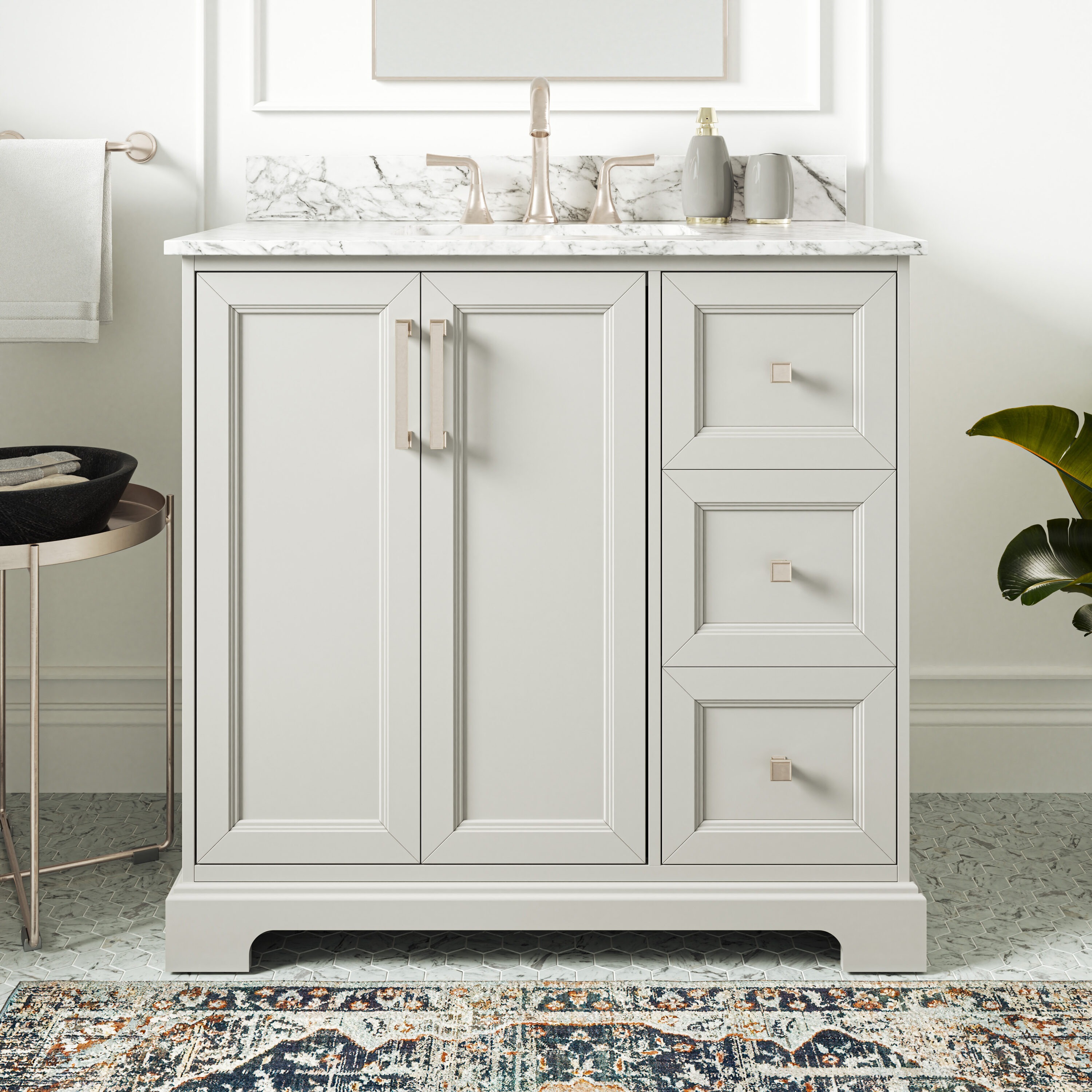 allen + roth LWS36TSVG Pittman 36-in Muse Gray Undermount Single Sink Bathroom Vanity with White Engineered Calacatta Veined Engineered Stone Top