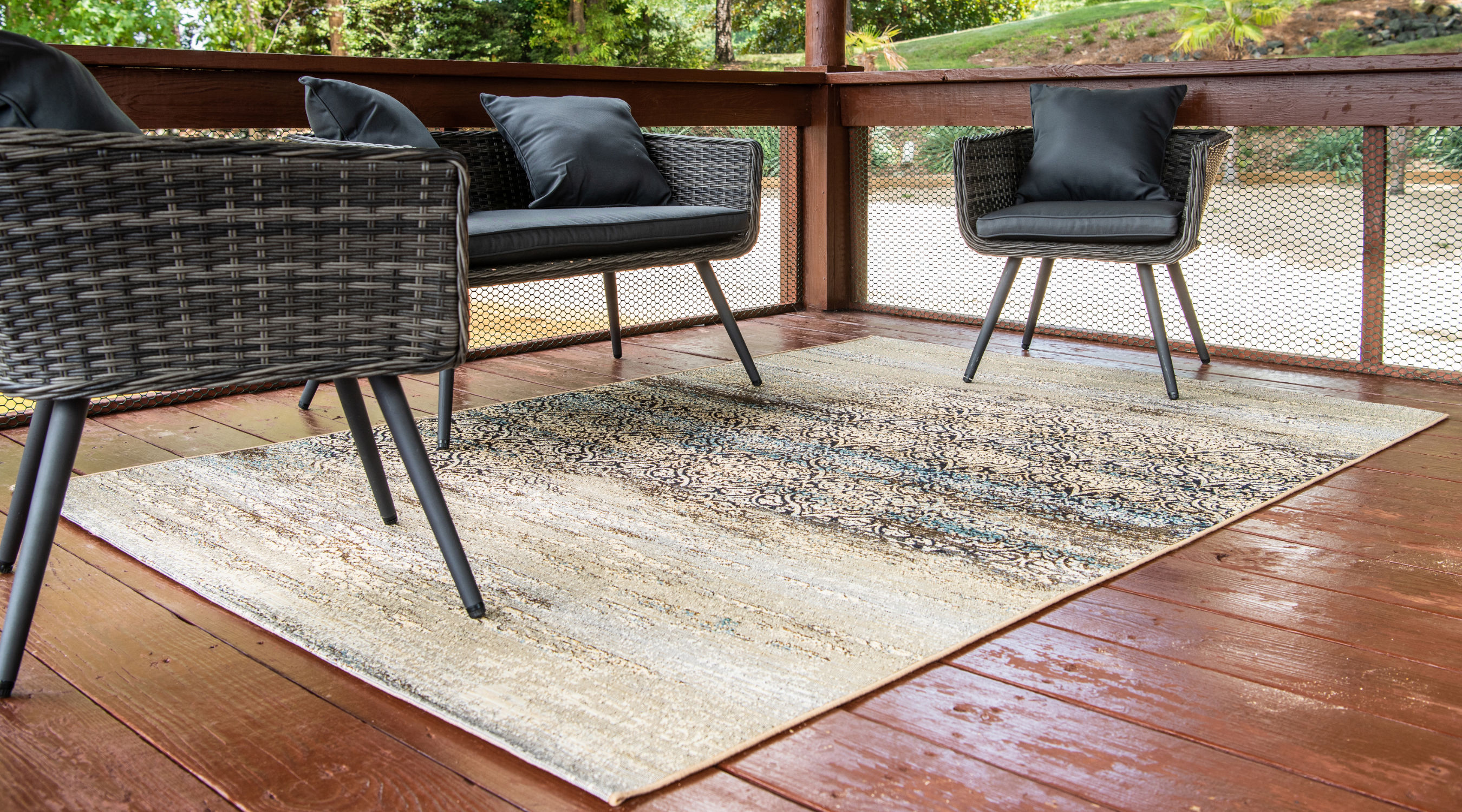 10x12 Beige and Blue Synthetic Outdoor Area Rug