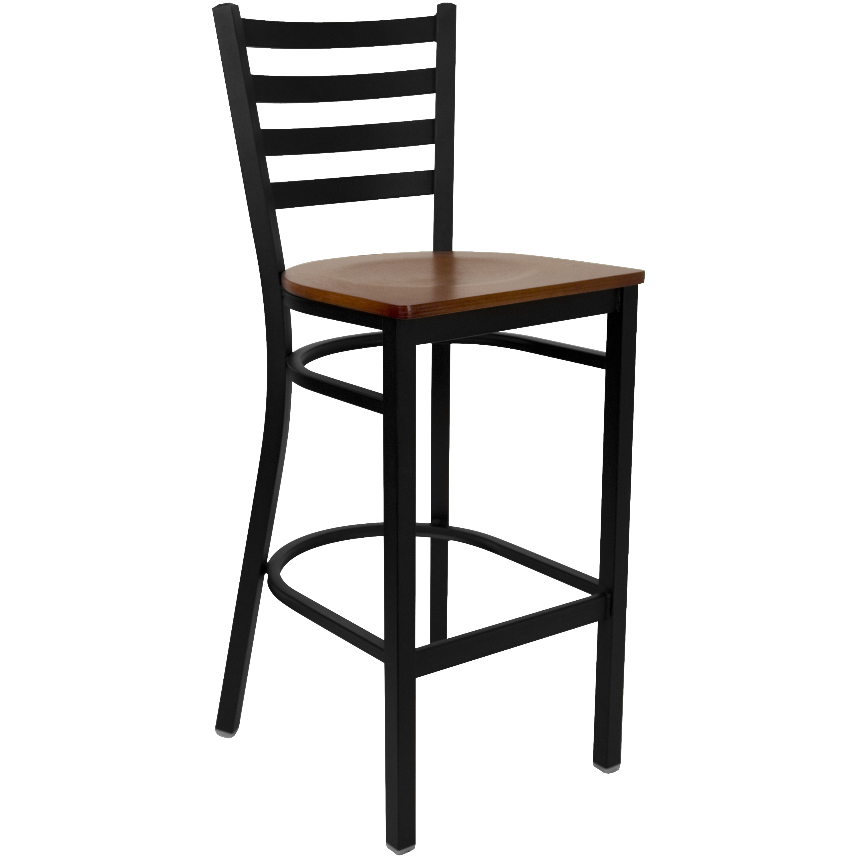 Emma + Oliver - Black Ladder Back Metal Restaurant Barstool - Cherry Wood Seat