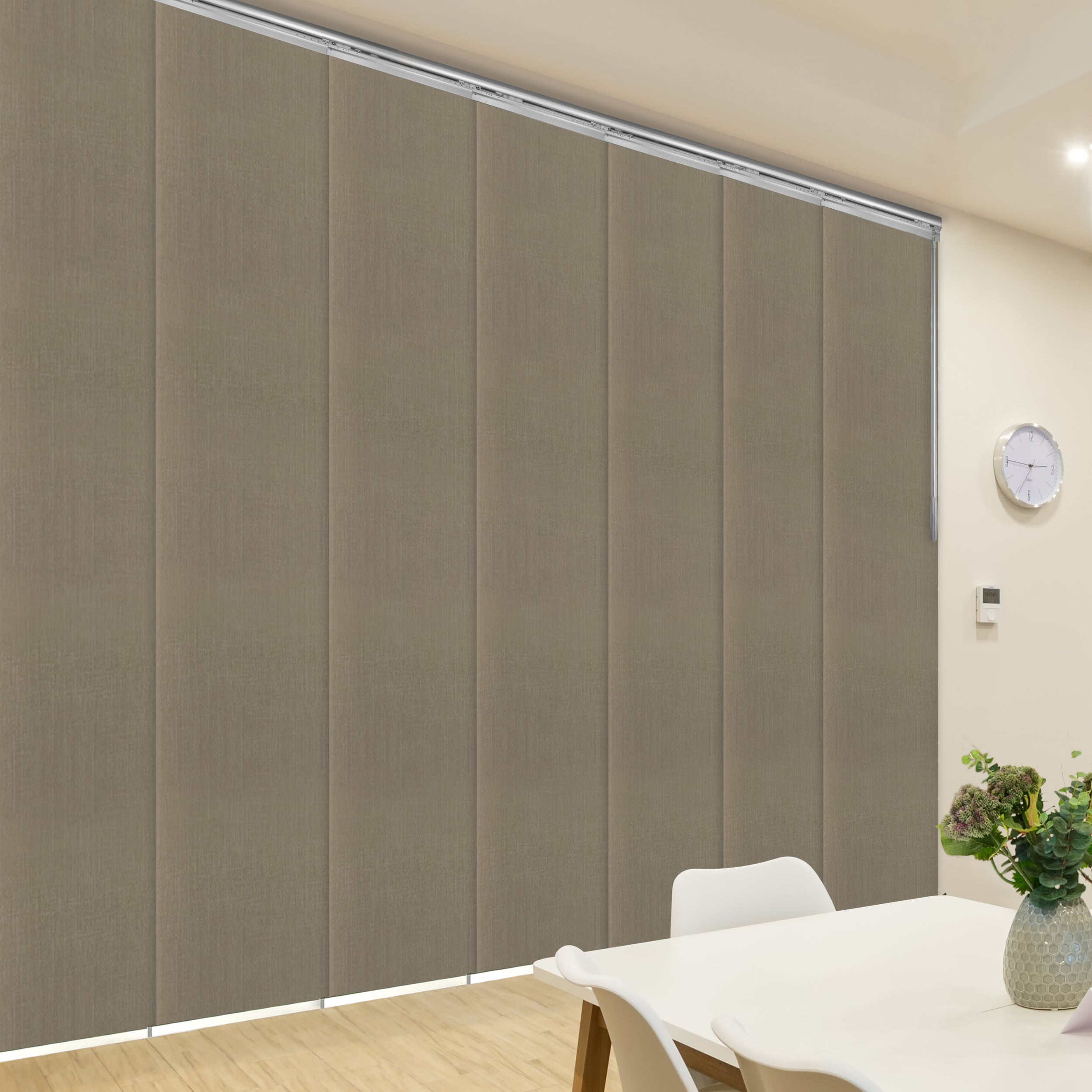 Hart & Harlow L-T24-7-7P23A Biscotti 7-panel 0.3-in Slat Width 23.5-in x 94-in Cordless Satin Nickel Aluminum Light Filtering Vertical Blinds