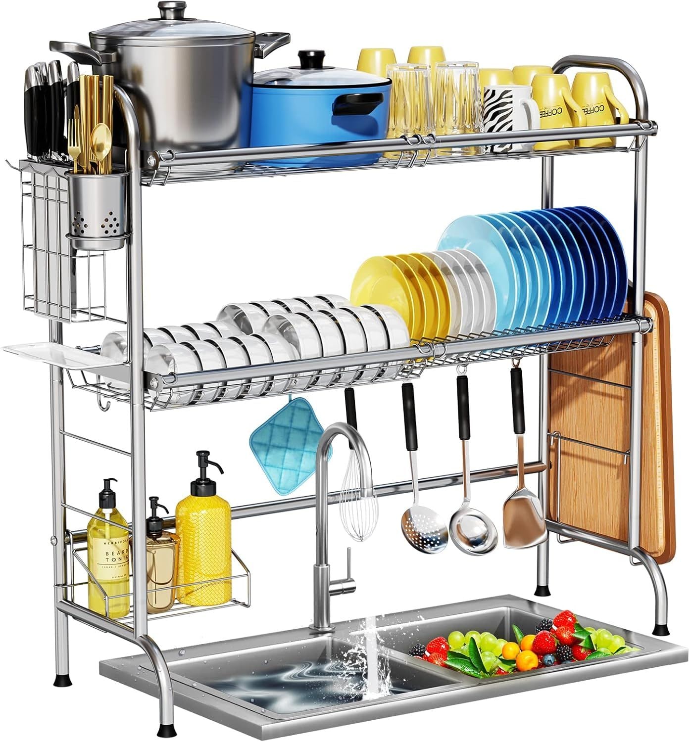 JUSHUA Large Stainless Steel 2-Tier Over The Sink Dish Drying Rack with Utensil Holder