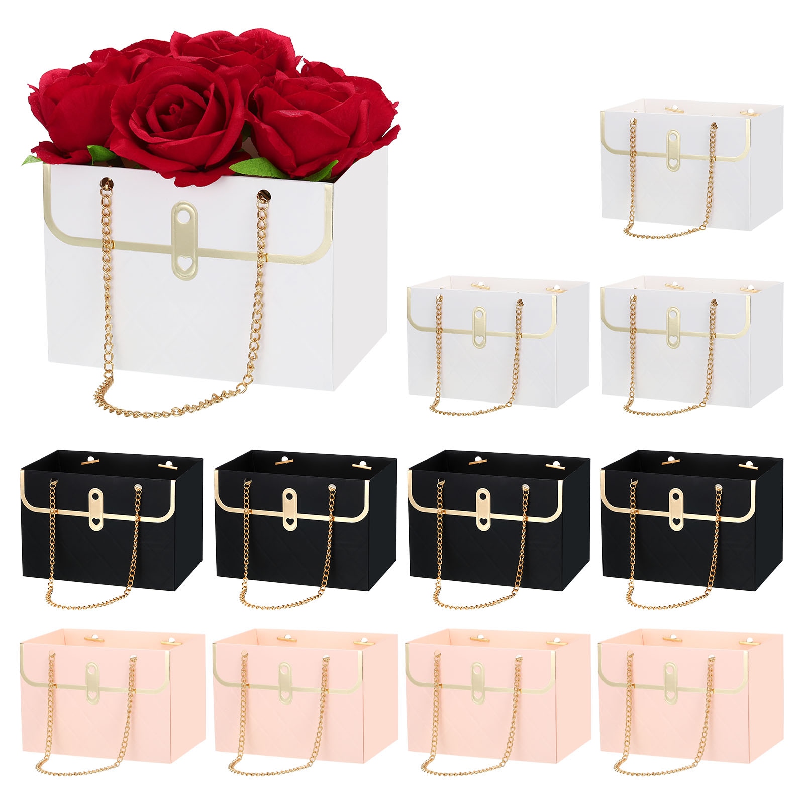 PATIKIL Paper Flower Gift Bags 12pcs Paper Bouquet Flower Gift Bag with Handle Rectangle Metal Chain Tote for Florist Wedding Party Birthdays Pink Black White #S26012600UX3908