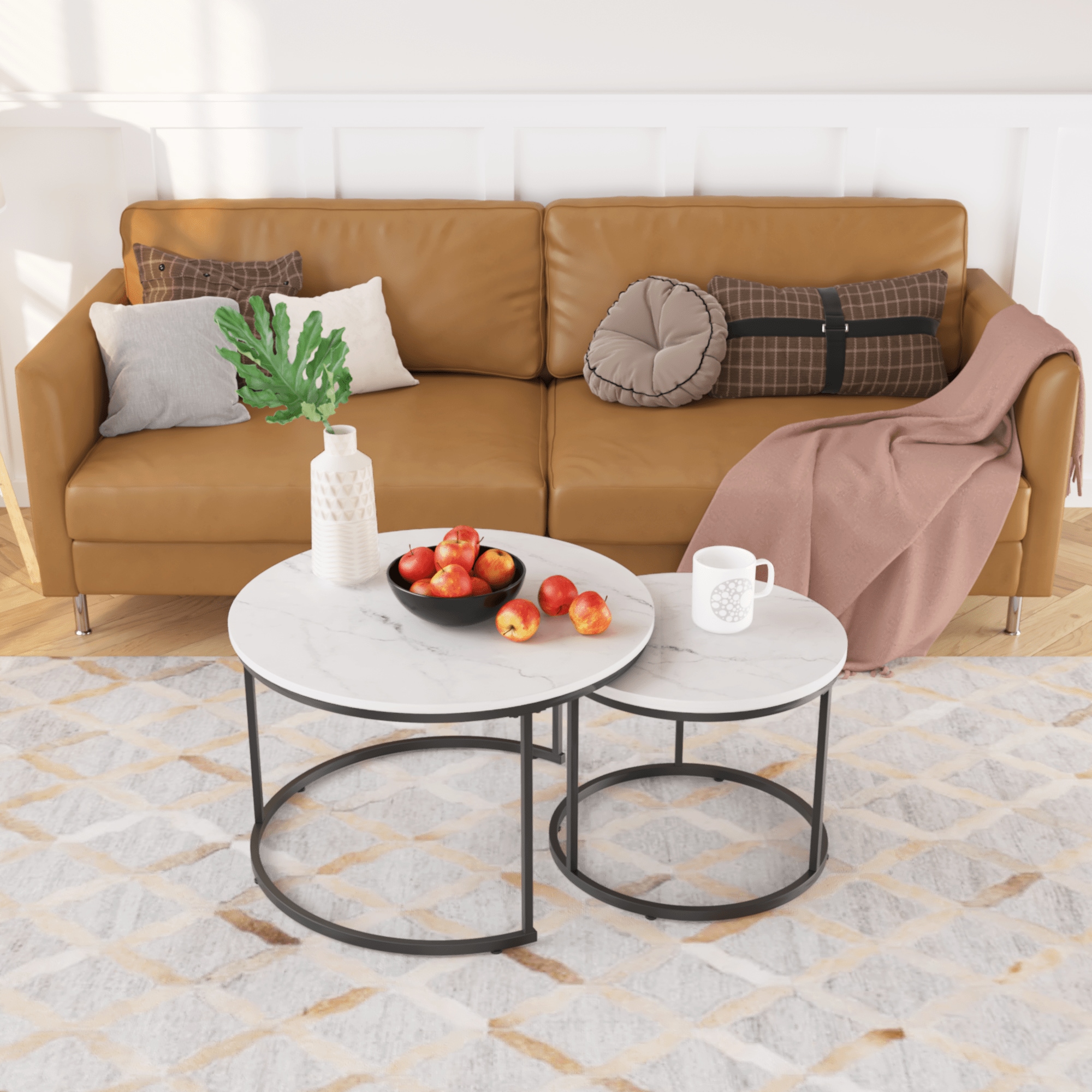Vynxaria LESX0020-DJBZ-ET0017 Set of 2 Nesting Coffee Tables276in Round Tables with Wood Marble Pattern Top and Sturdy Metal FrameEnd Tables for Living Room White