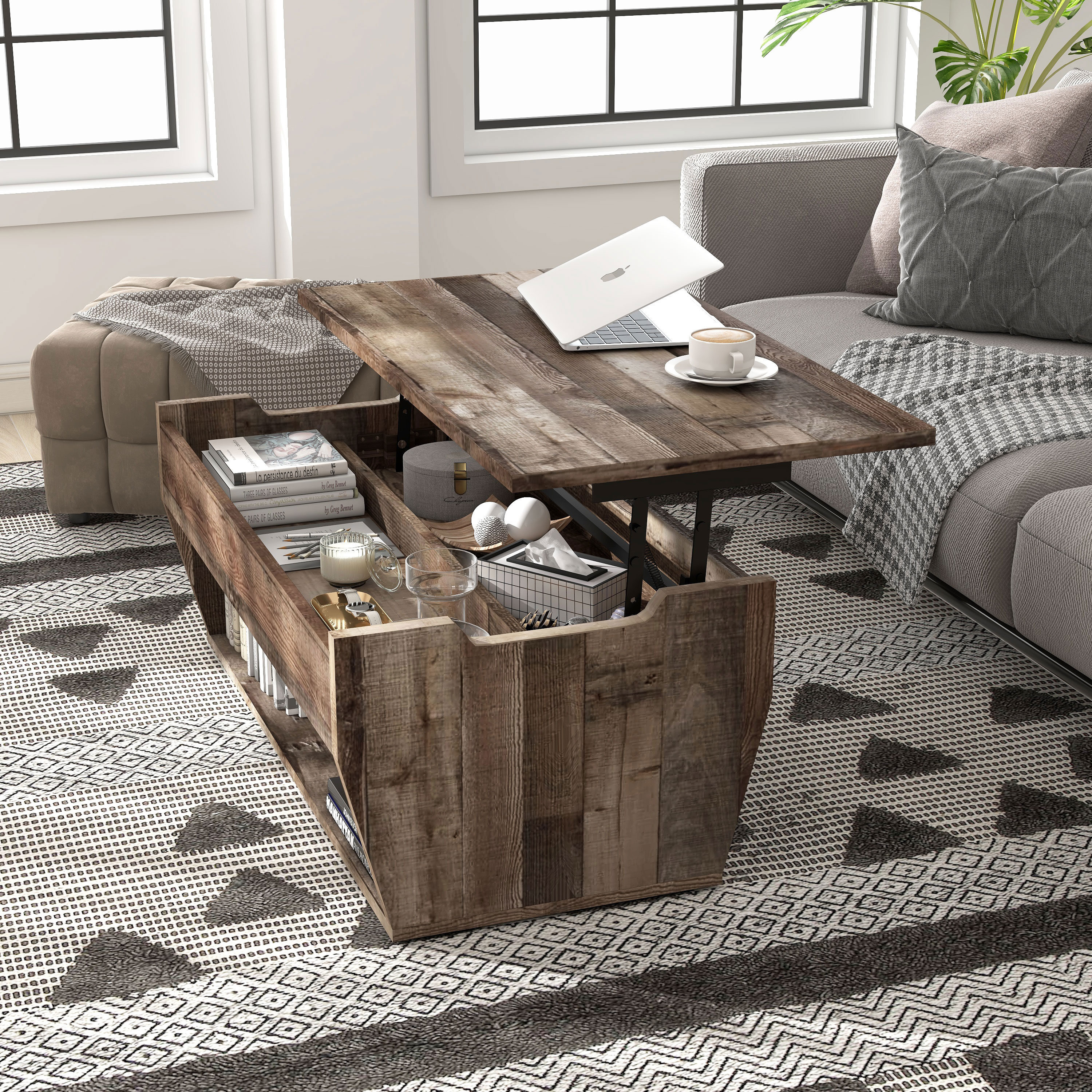 Furniture of America YNJ-1891C39 Riviero Reclaimed Barnwood Particleboard Rustic Coffee Table with Storage