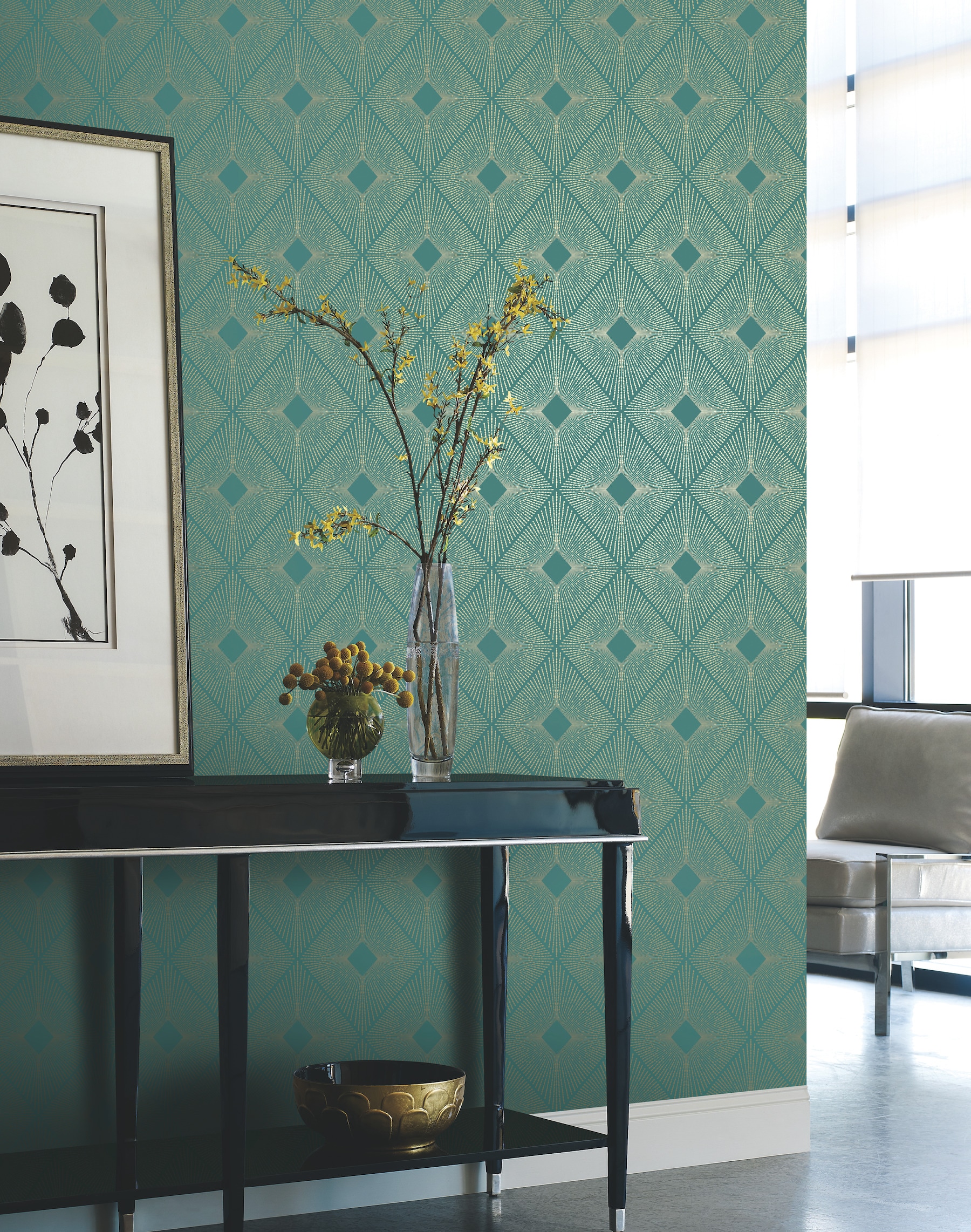 Teal and Gold Geometric Non-Woven Wallpaper