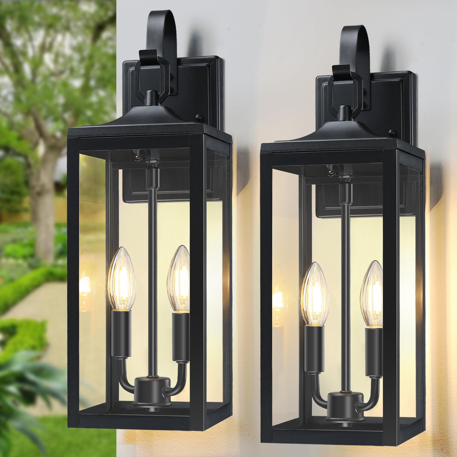 AKSCYZM  18 Inch Large Outdoor Light Fixture 2 Pack Black Porch Lantern Wall Mounted Waterproof Exterior Lighting with Clear Tempered Glass