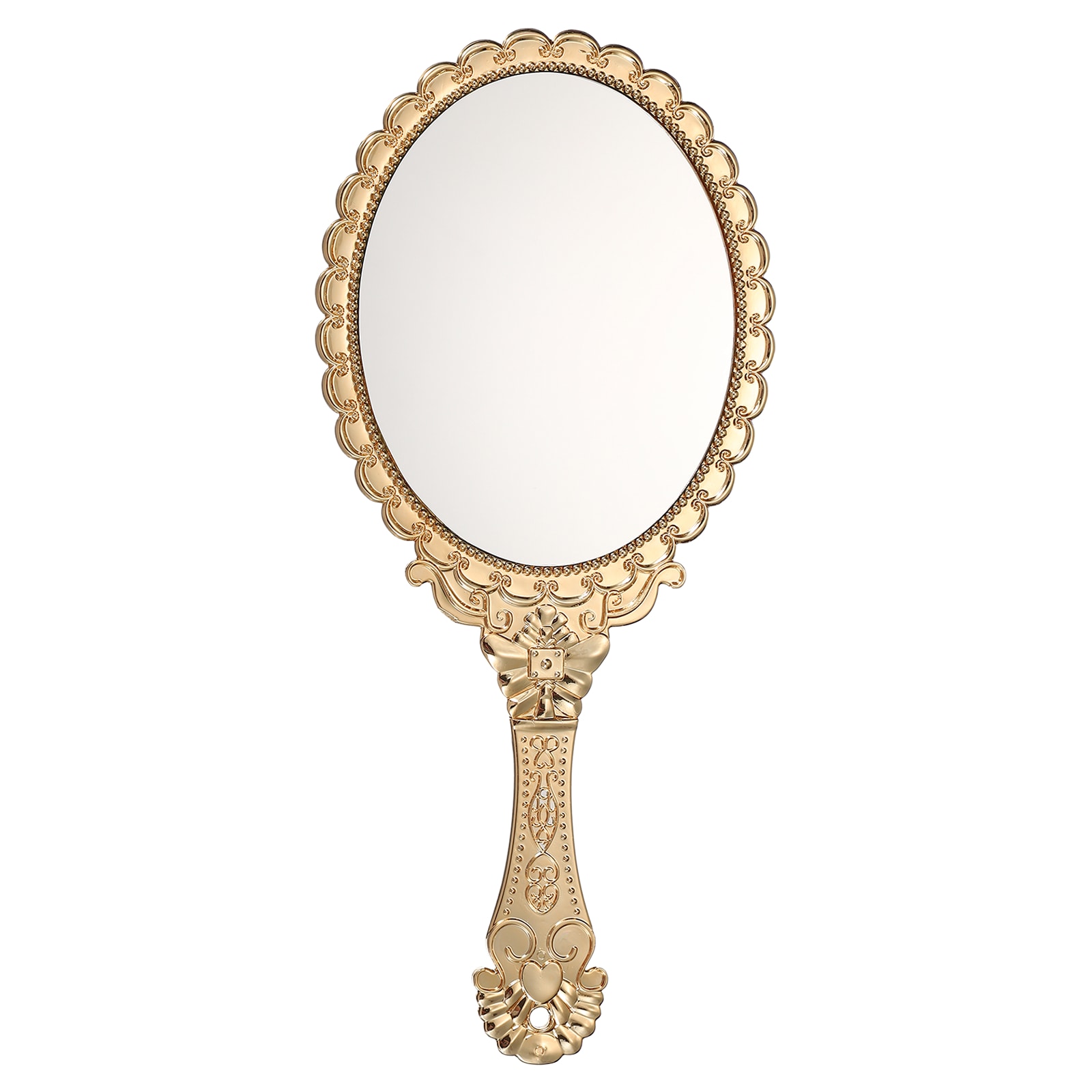 Unique Bargains 1pc Vintage Hand Held Mirror Embossed Design Portable Hand Vanity Mirrors Single Side with Hook Hole for Bedroom Bathroom Travel and Makeup Use Rose Gold(Oval) #S26042800UX3154