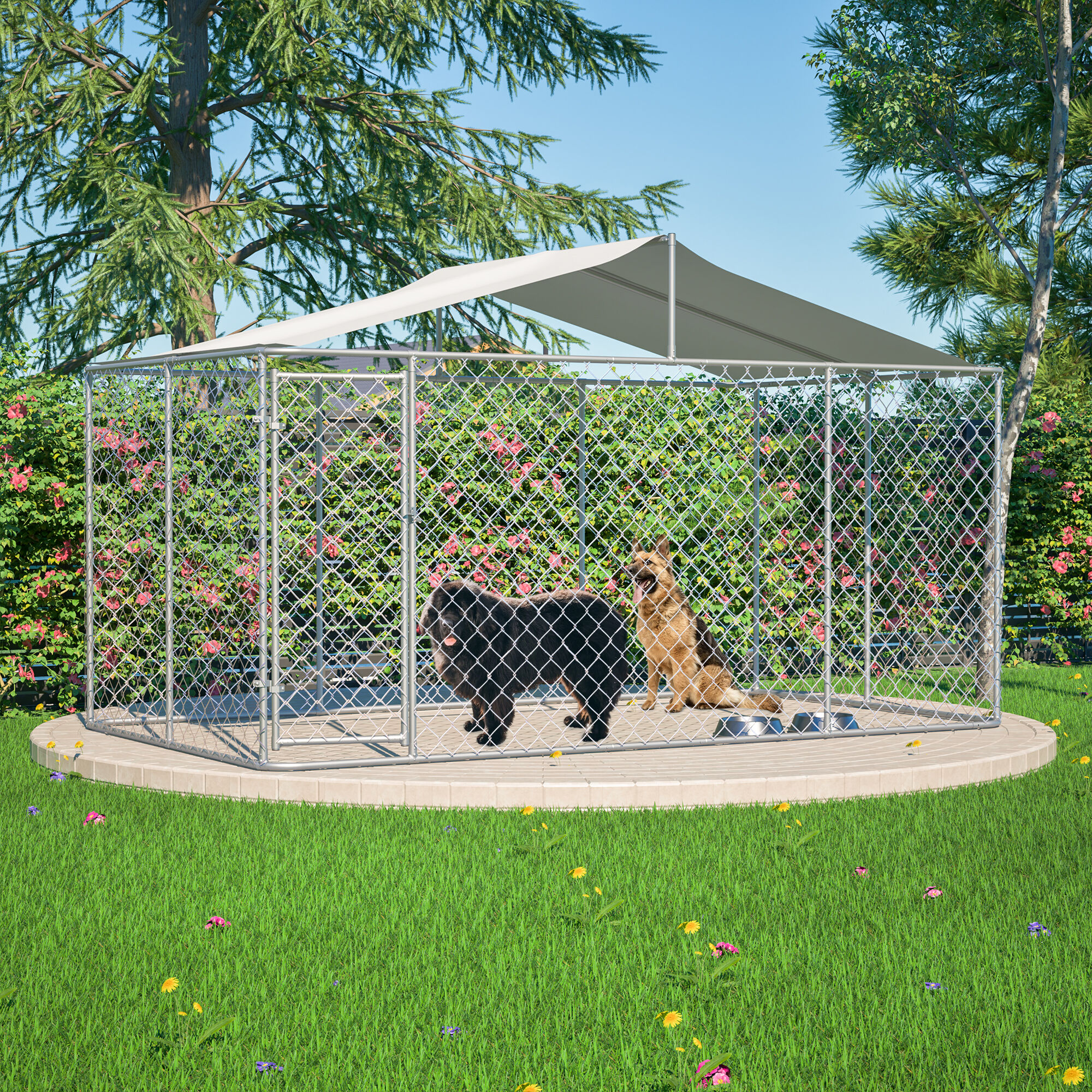 JUSHUA Heavy Duty Outdoor Dog Kennel Galvanized Chain Link Playpen with Waterproof Anti UV Cover Secure Lock Large Exercise Pen for Puppy and Small Pets