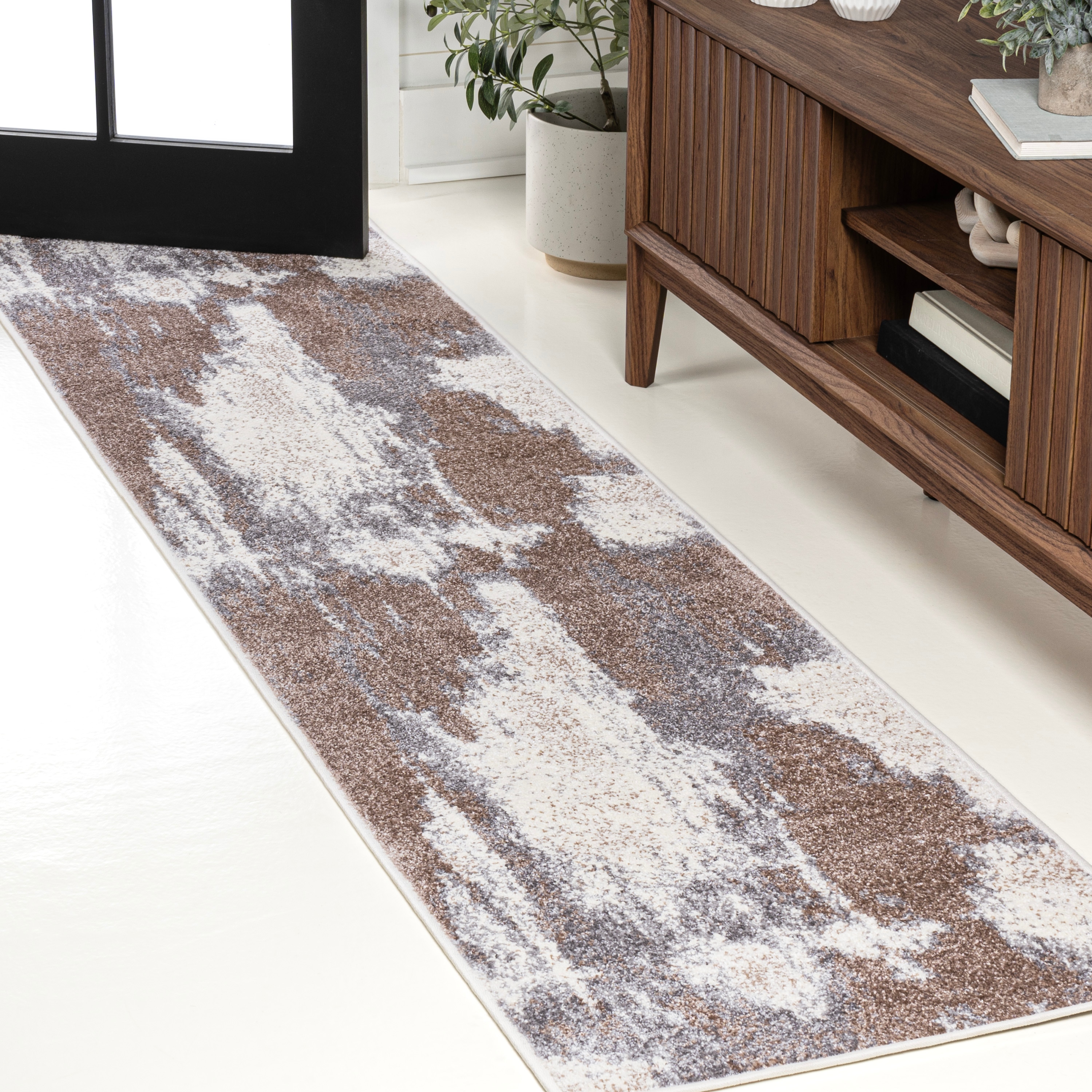 JONATHAN  Y SEU302B-28 SUPERSOFT Zoe Abstract Marble 2 x 8 (ft) Loomed Polypropylene Brown/Cream Rectangular Indoor Abstract Bohemian/Eclectic Runner rug
