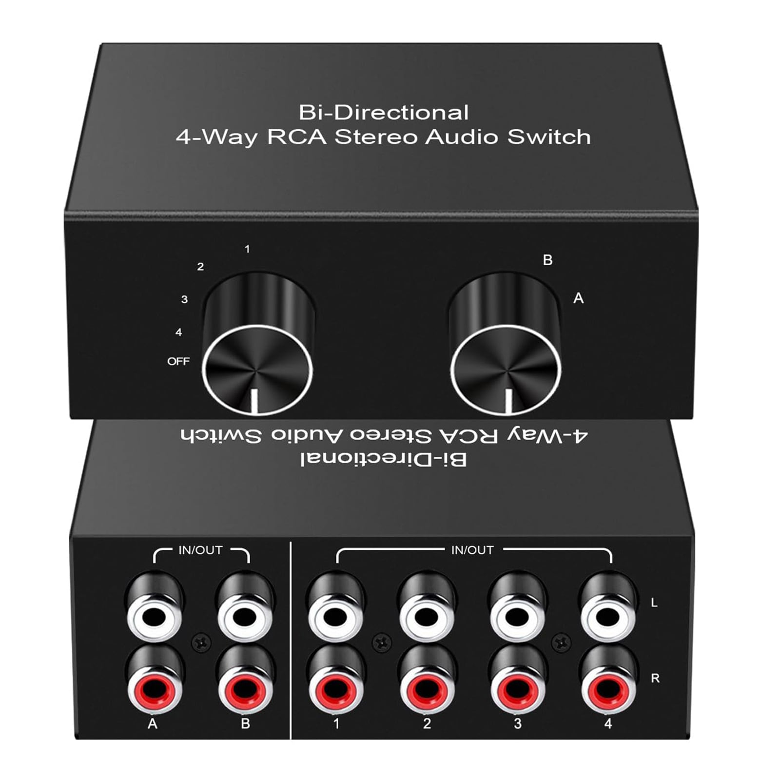 Etokfoks 4 way bidirectional RCA LR stereo selector switch with aluminum chassis 2 in 4 out or 4 in 2 out AV sound channel routing #LETN5ONI9