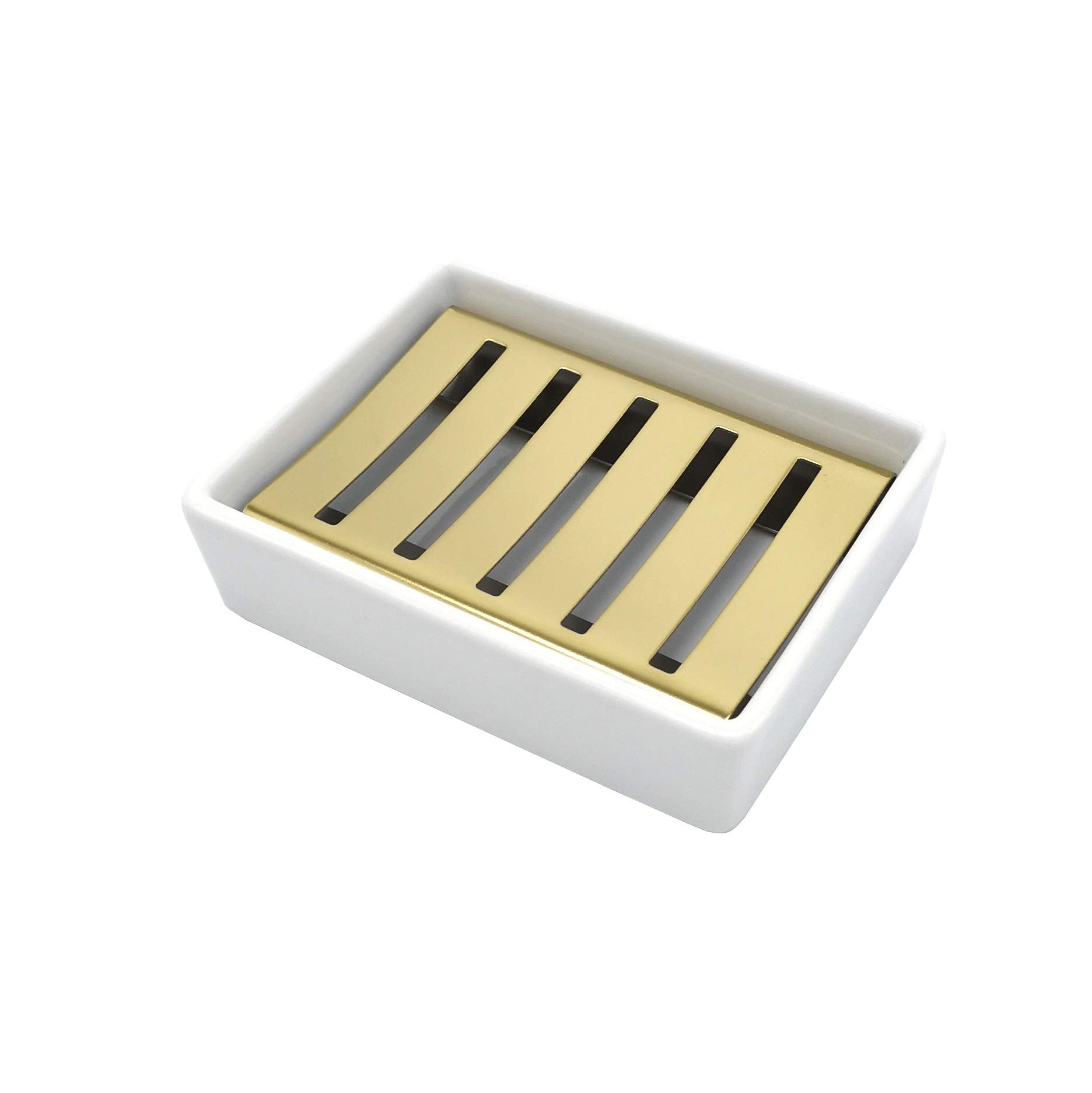 Aoibox  Ceramic Soap Dish with Gold Stainless Steel Double Layer Draining Holder for Bathroom Shower 4 7 x 3 5 x