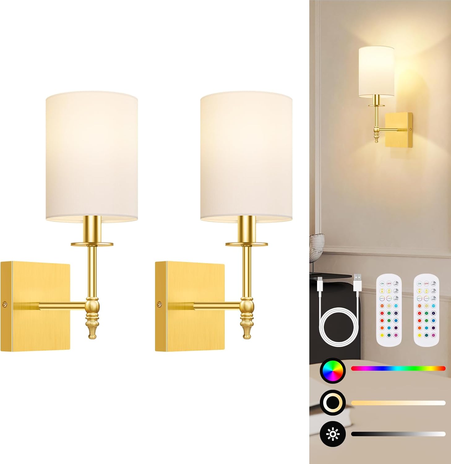 Nordic Hygge BS-WL-L2090-1BS-GD-2 15 Inch Wall Sconces Battery Operated Set of 2 Rechargeable Wireless Wall Sconces Lights with Remote Not Hardwired Dimmable Gold