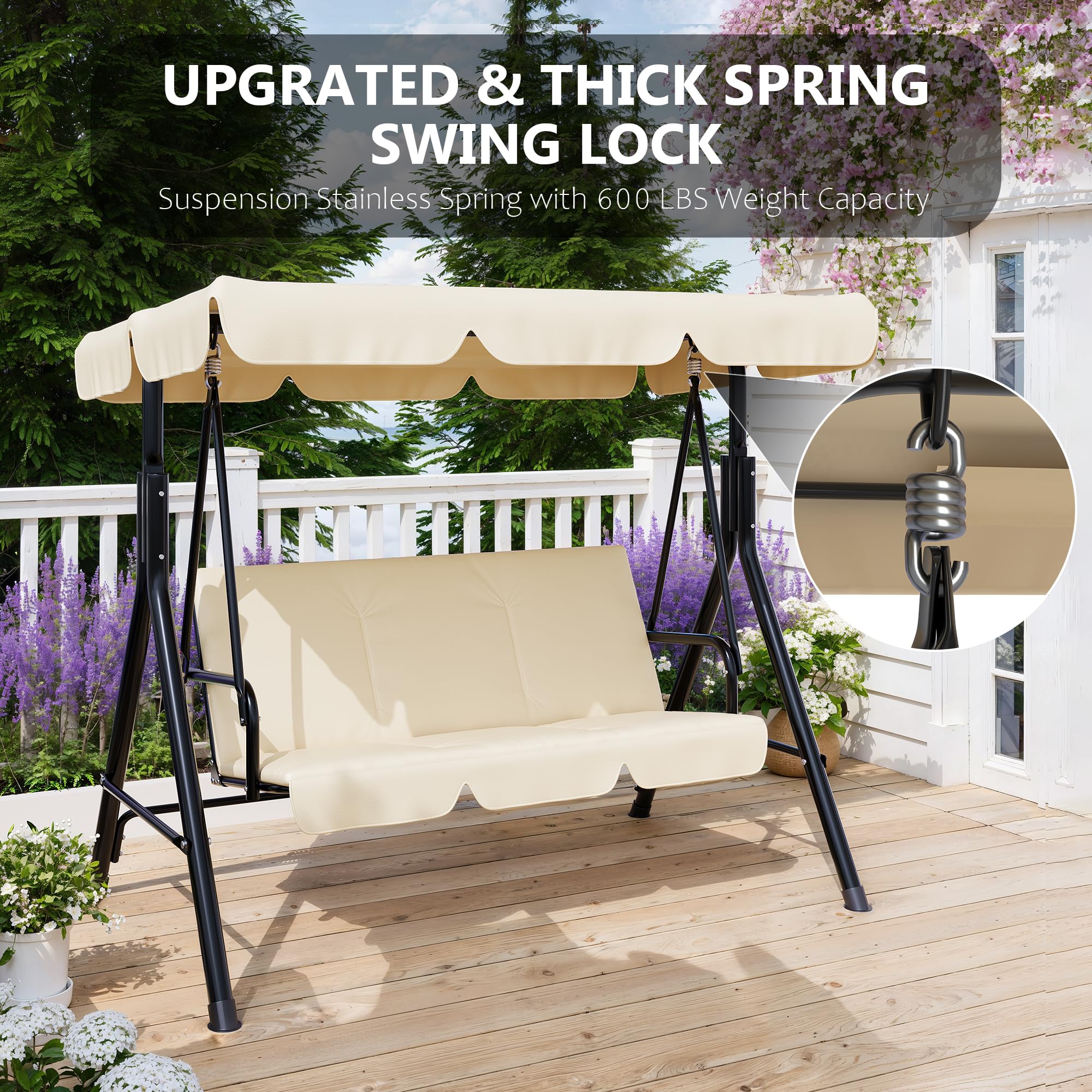 Garvee 3-Seat Patio Swing Chair 3 -person Khaki Outdoor Swing in the ...