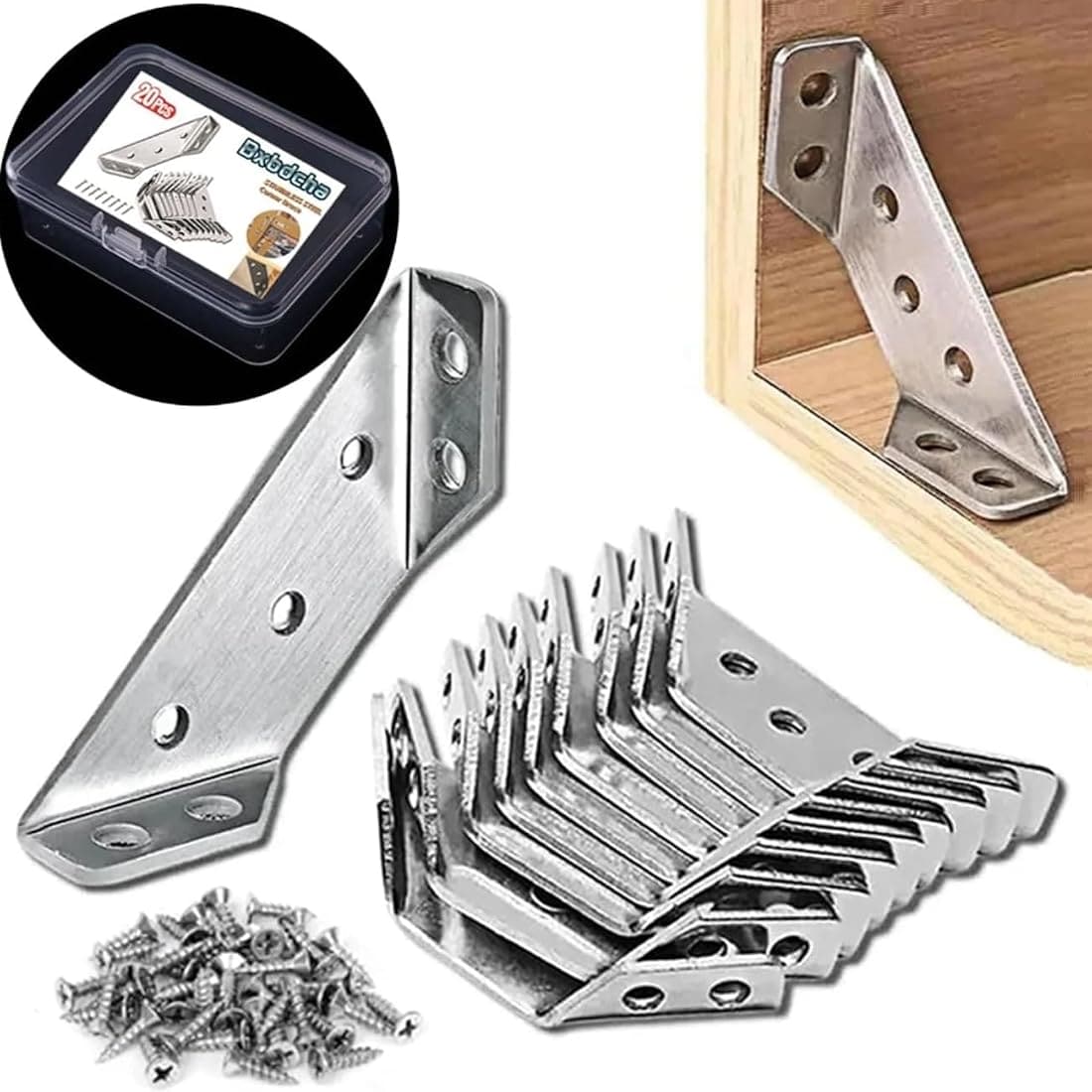 Etokfoks  20 Pack Stainless Steel L Brackets for Wood Furniture Shelves Cabinets Drawers and Table Corners