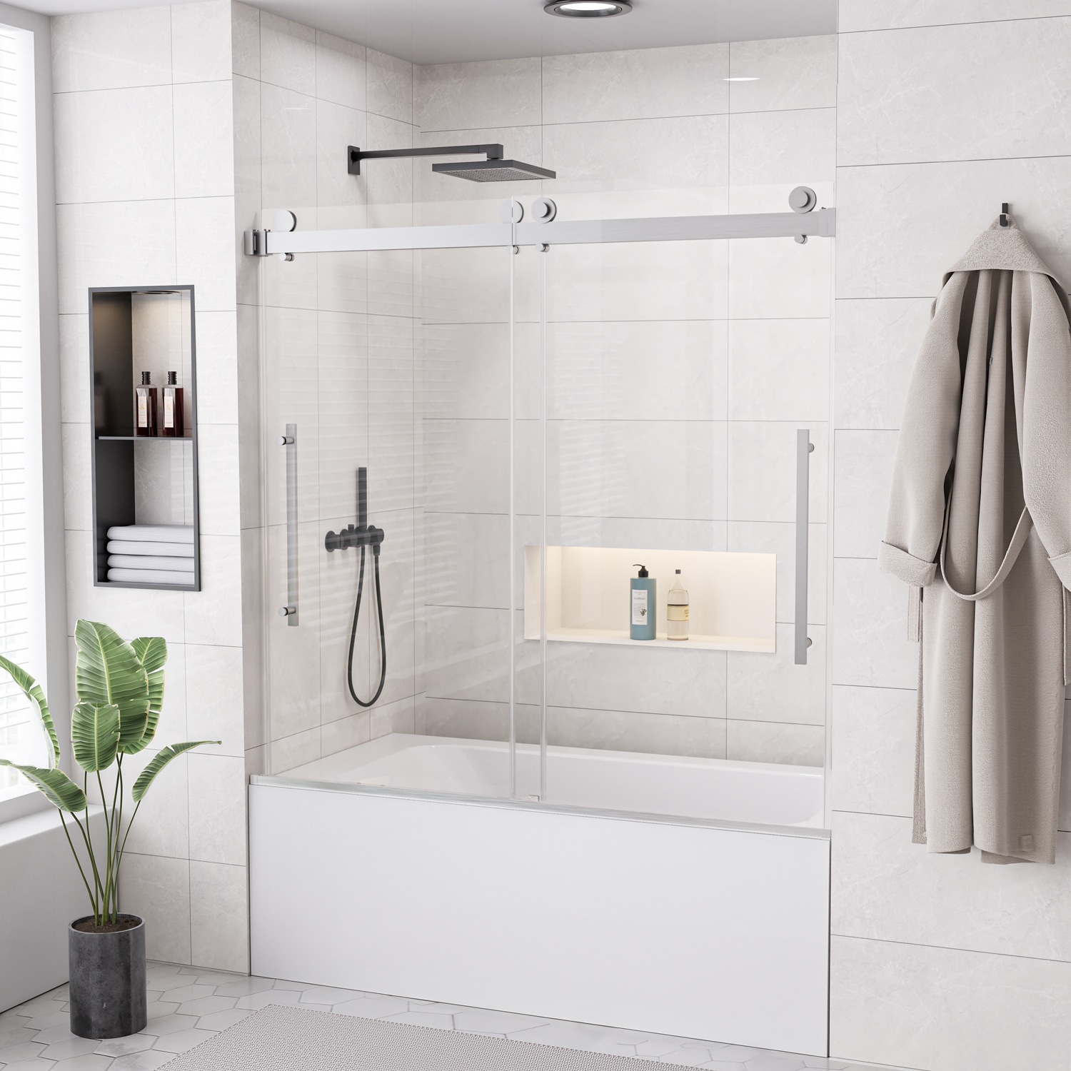 Yuaris 56-60 in. W x 58 in. H Bypass Double Sliding Frameless Tub Door in Brushed Nickel with Nano-Coated Easy-Clean 1/4 in. Clear Tempered Glass