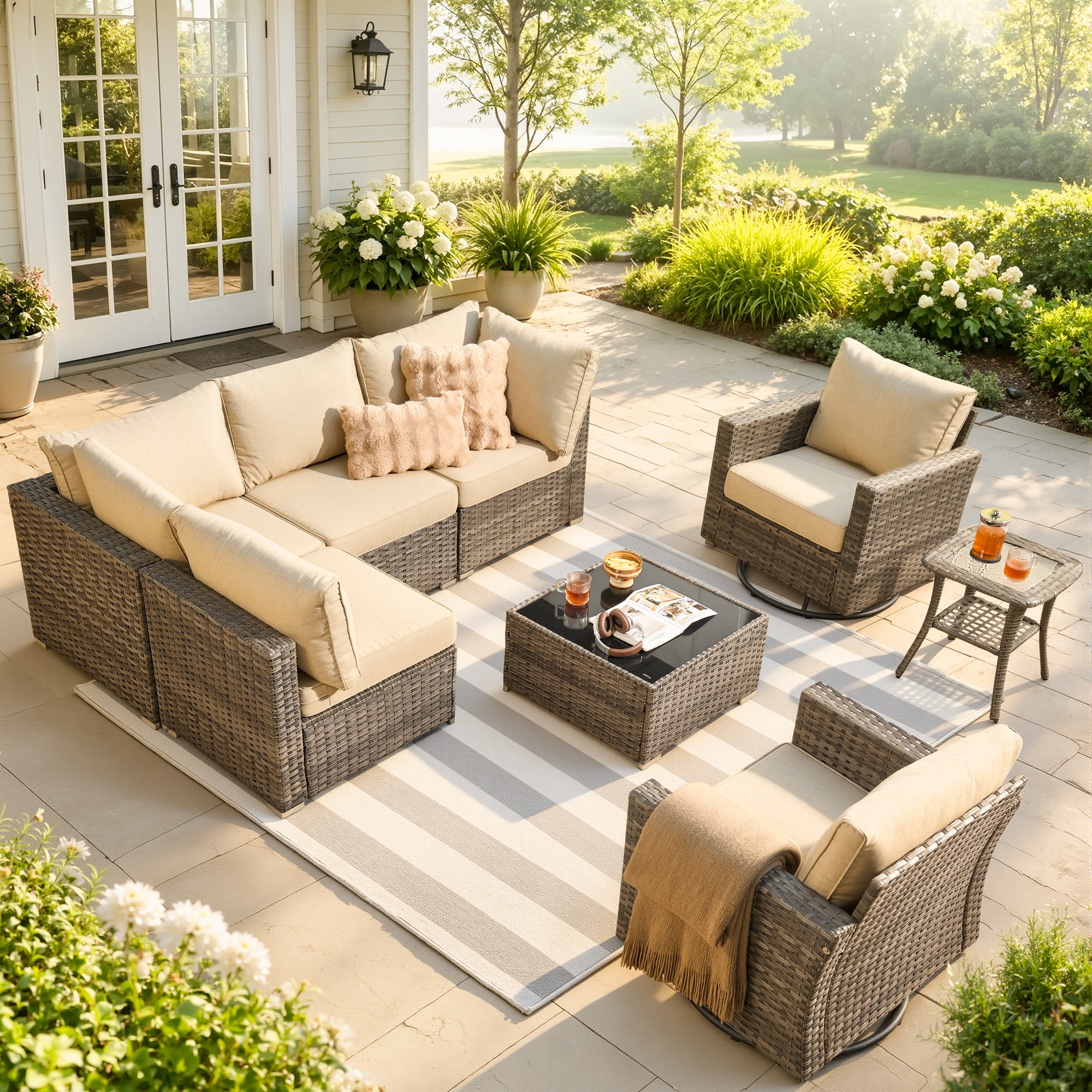 weaxty - Kuuga Wicker Outdoor Sectional with Beige Cushions and Powder-Coated Steel Frame
