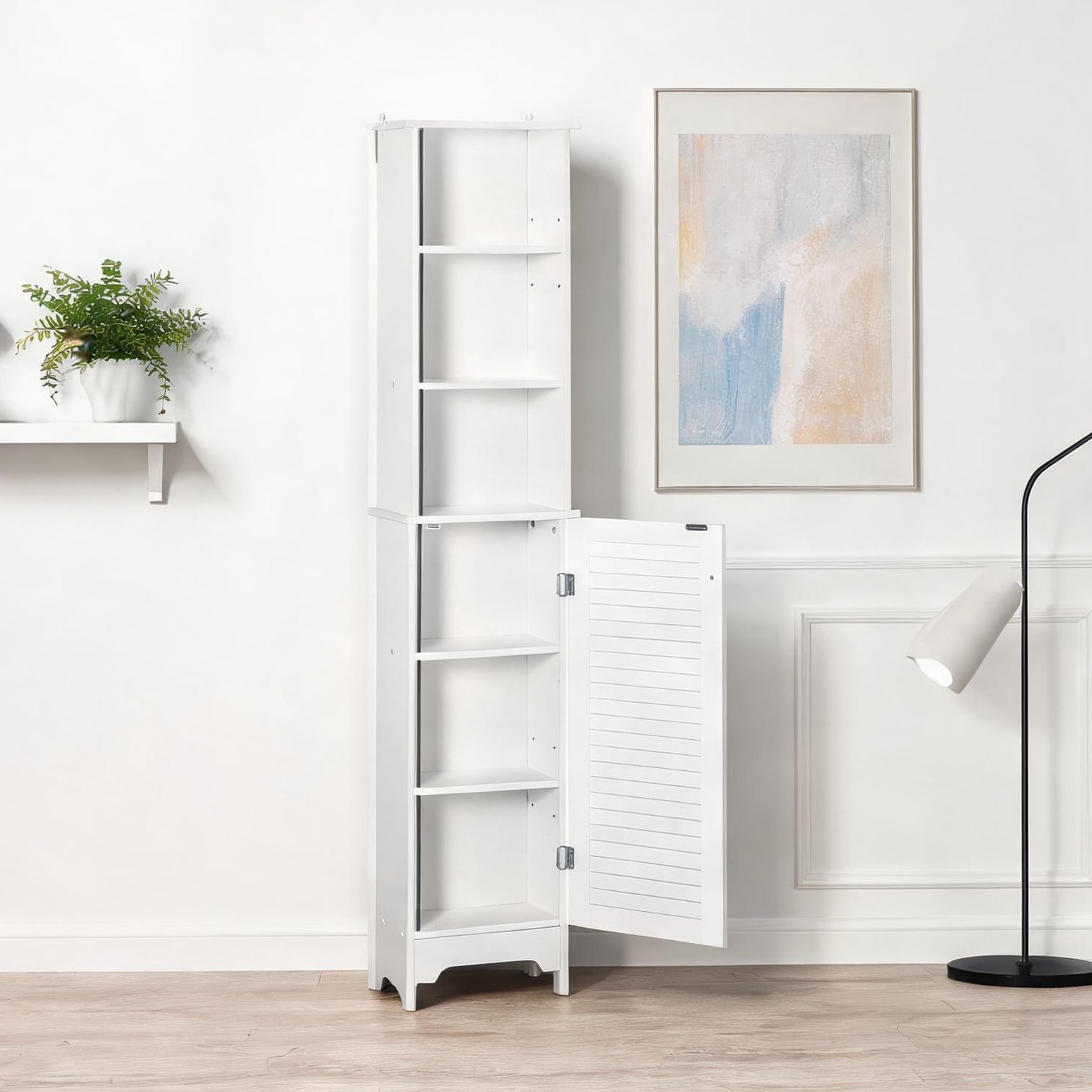 Watnature - Soft white tall narrow bathroom storage cabinet with adjustable shelves and black har...