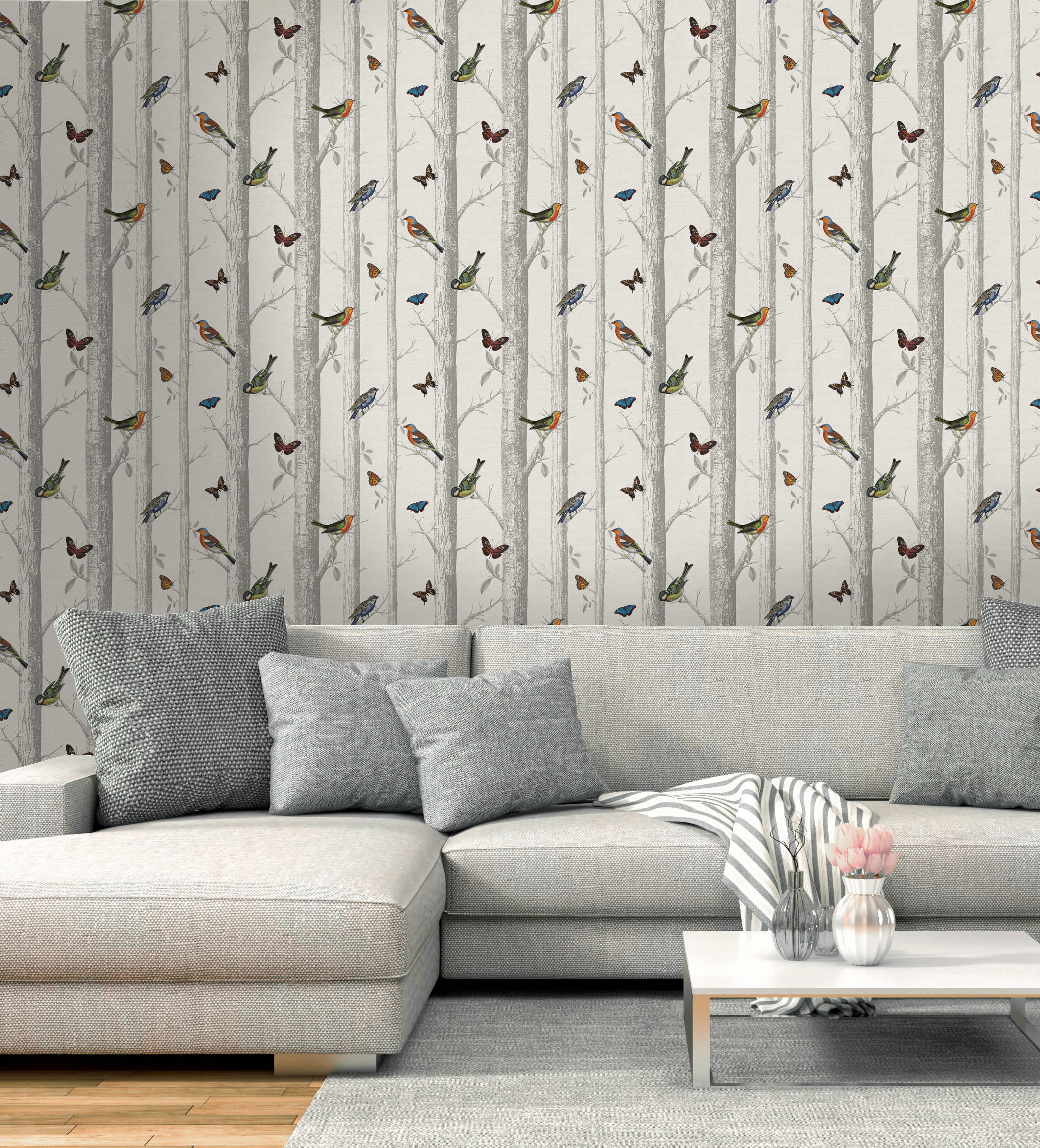 White and Gray Birds and Butterflies Wallpaper
