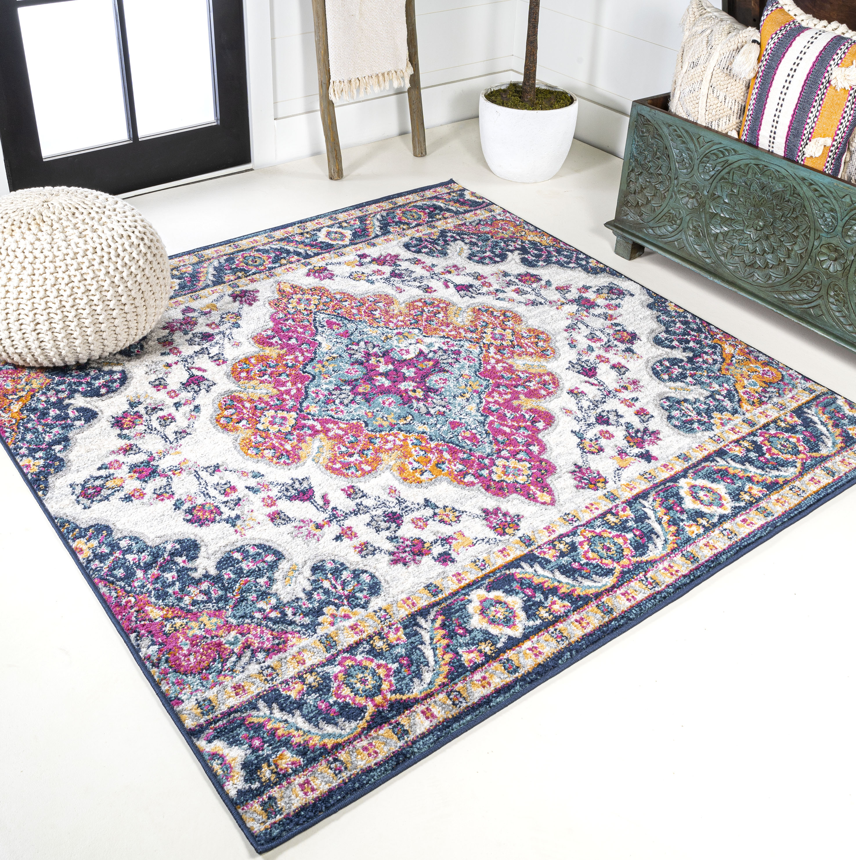 JONATHAN  Y BMF106A-5SQ 5 x 5 (ft) Loomed Polypropylene Blue/Multi Square Indoor Medallion Bohemian/Eclectic Area rug