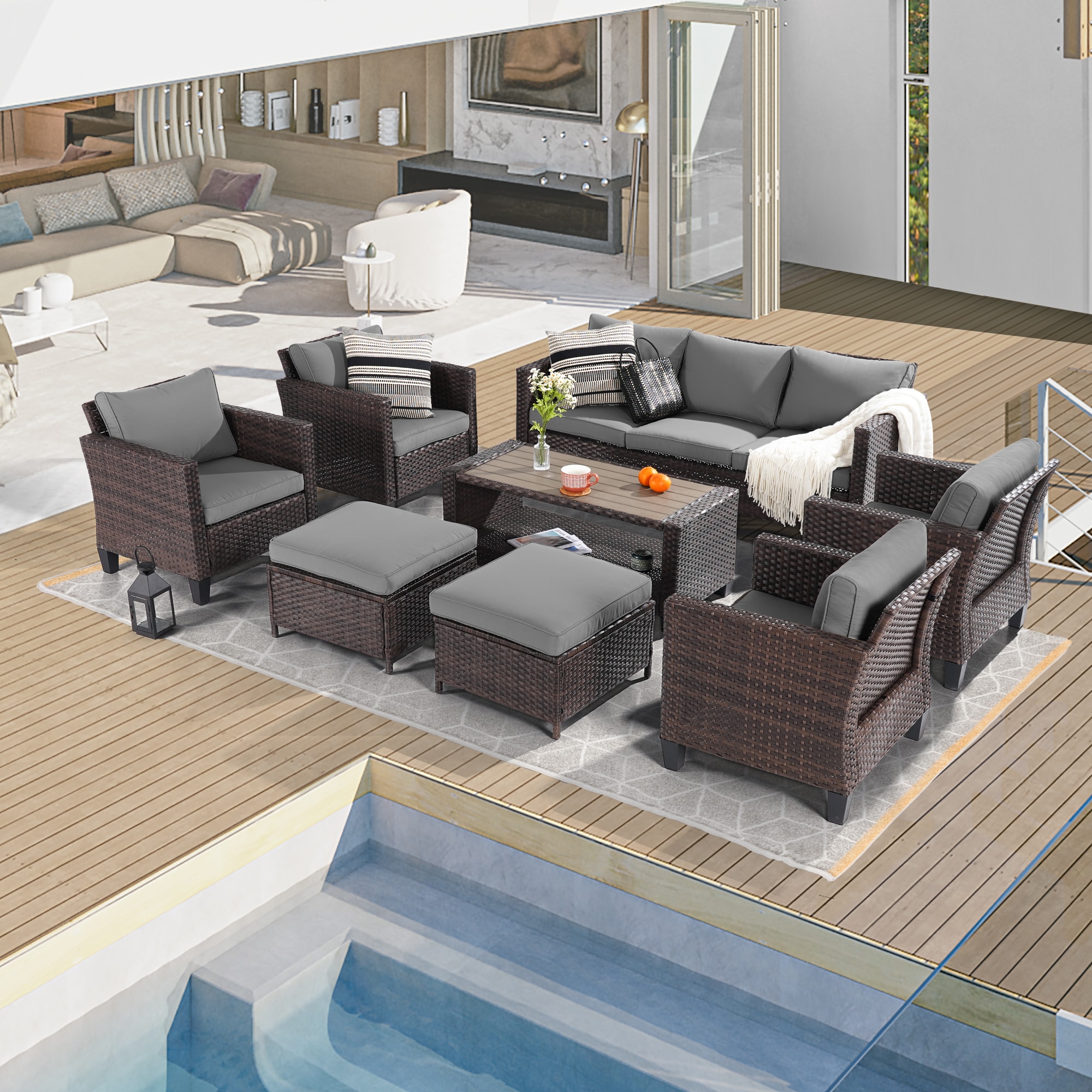 ACEGOSES LW-ST21-115BGY Skytop 8 -Piece Wicker Patio Sofa Conversation Set with Gray Cushions