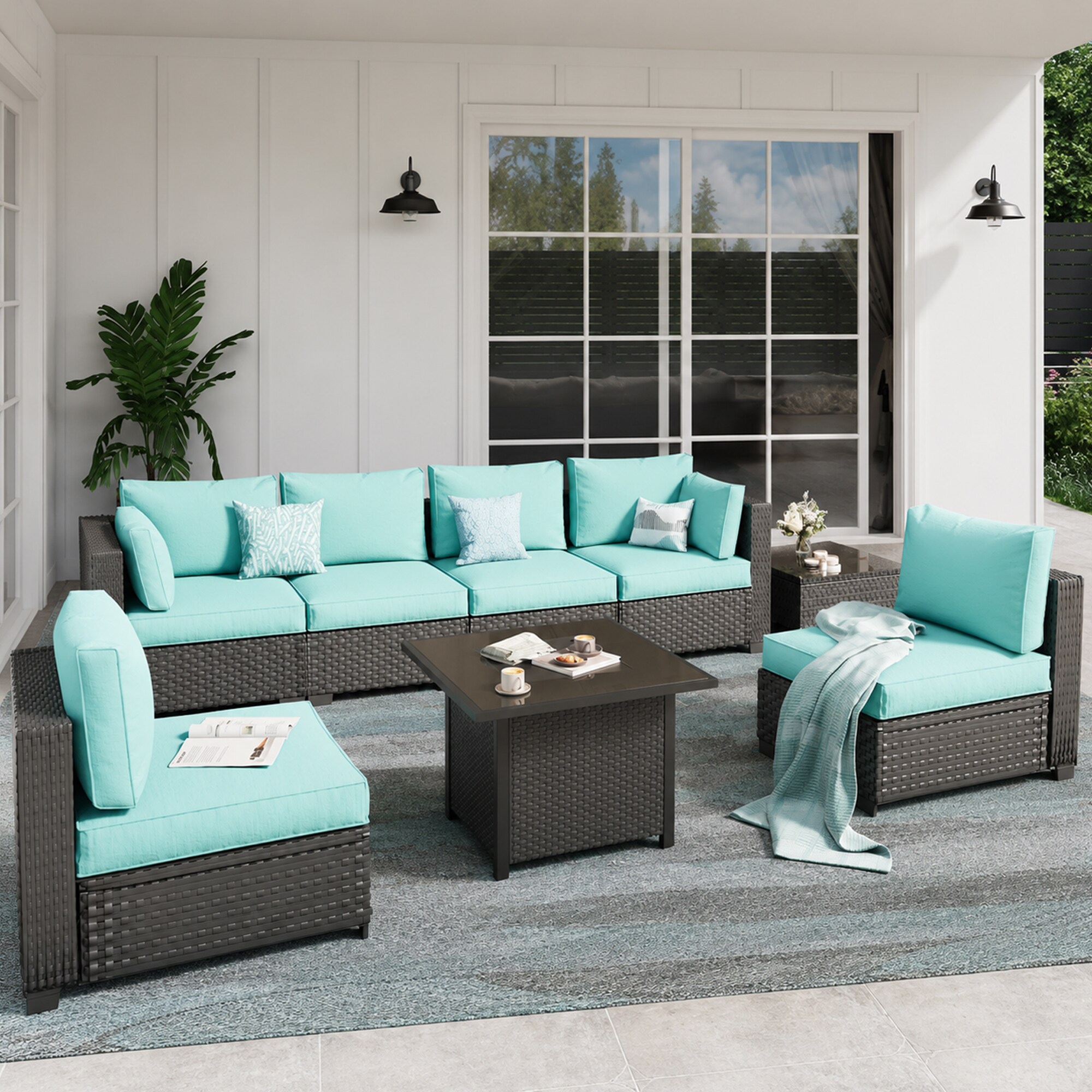 HYALON 7-Piece Wicker Outdoor Patio Conversation Sectional Seating Set with Middle Chairs and Green Cushions