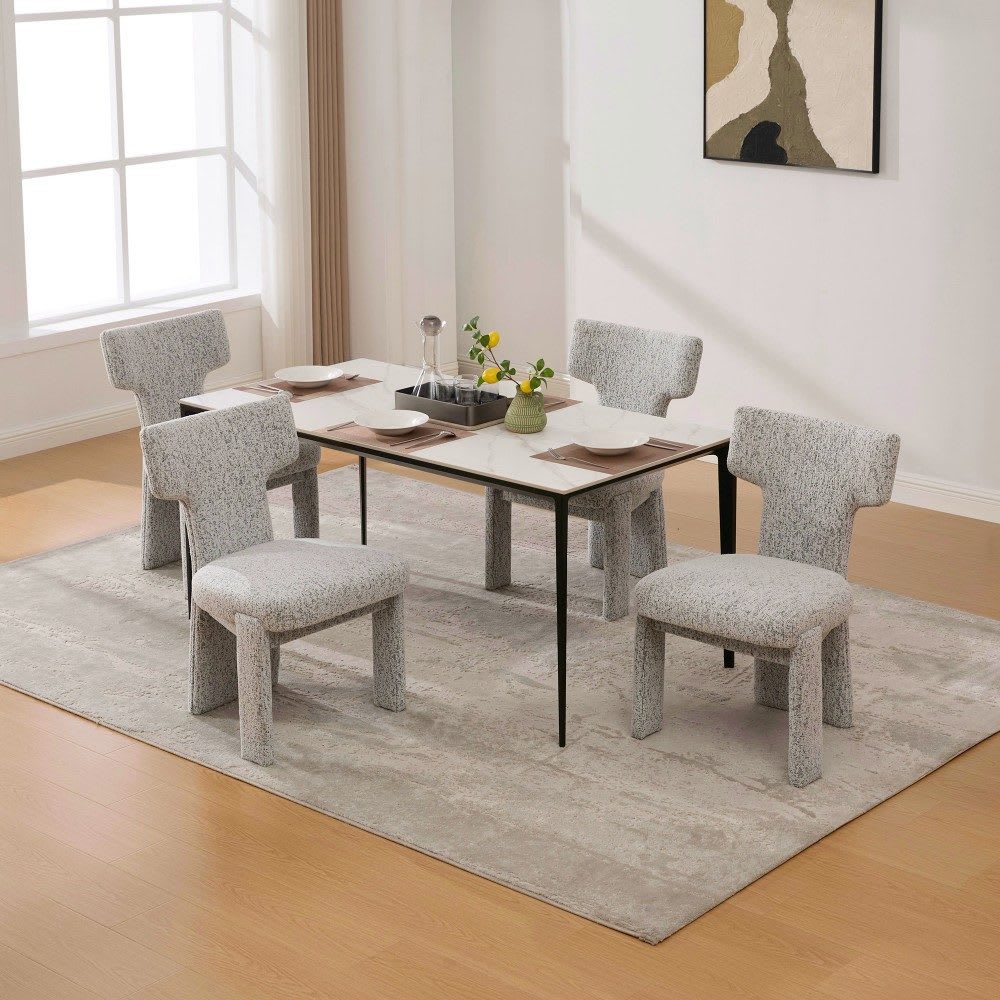 Coolbibila KIAN-DINING-WHITE Modern White Black Upholstered Chenille Dining Chairs Set of 4 with Curved Back for Dining Room