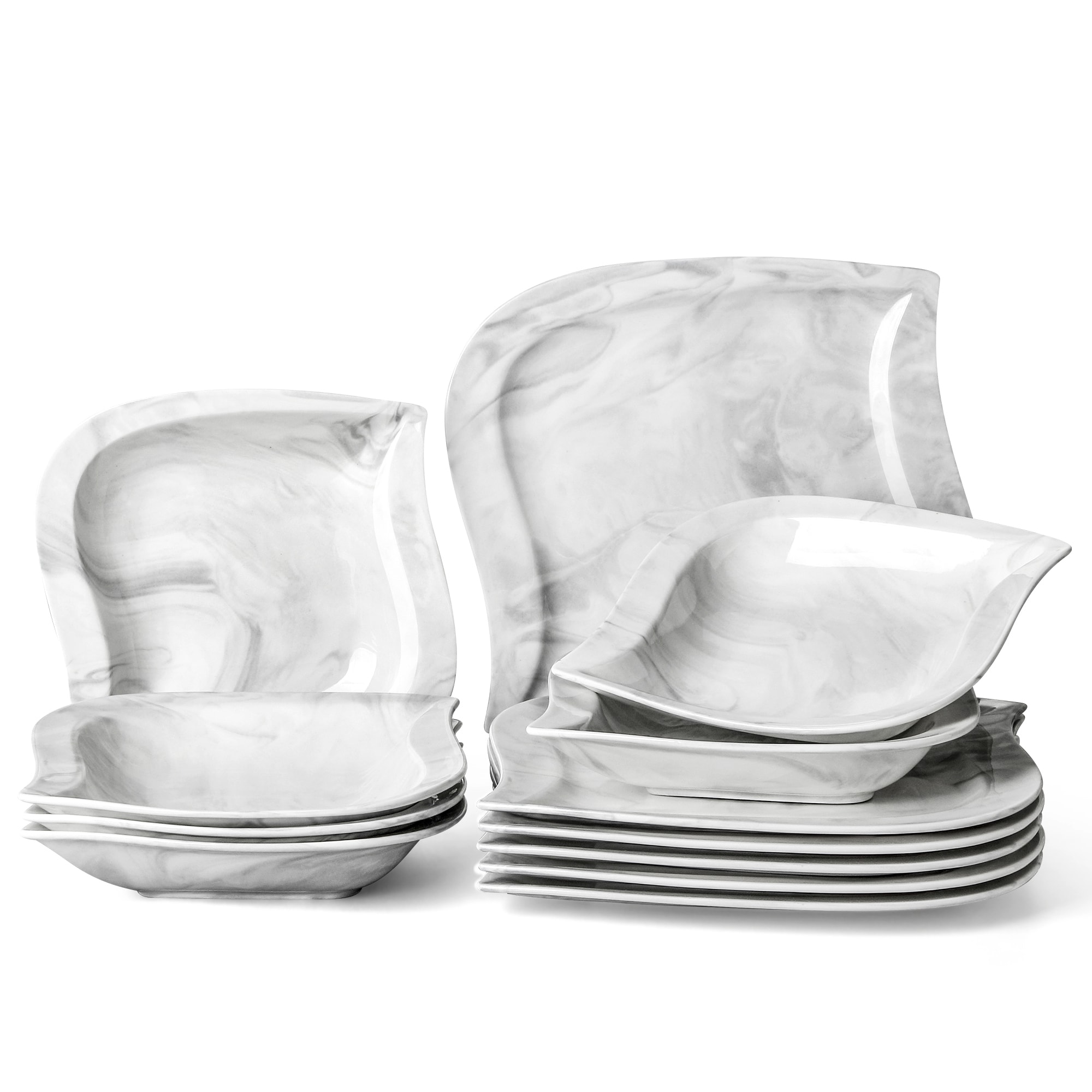 MALACASA Dinnerware Sets for 12, 56-Piece Porcelain Square Plates