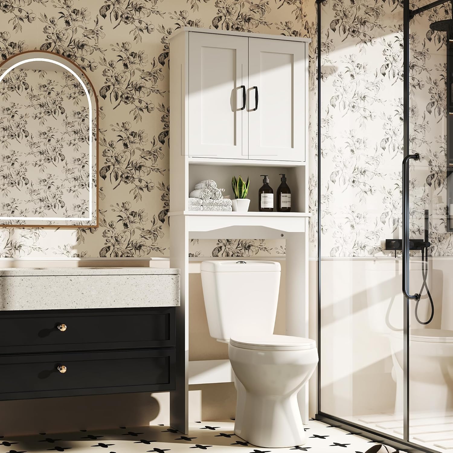 LOVMOR Over The Toilet Storage Cabinet with Adjustable Shelf and Double Doors Freestanding Bathroom Cabinet Organizer with Open Shelf Home Space Saving Toilet Rack for Restroom Laundry White