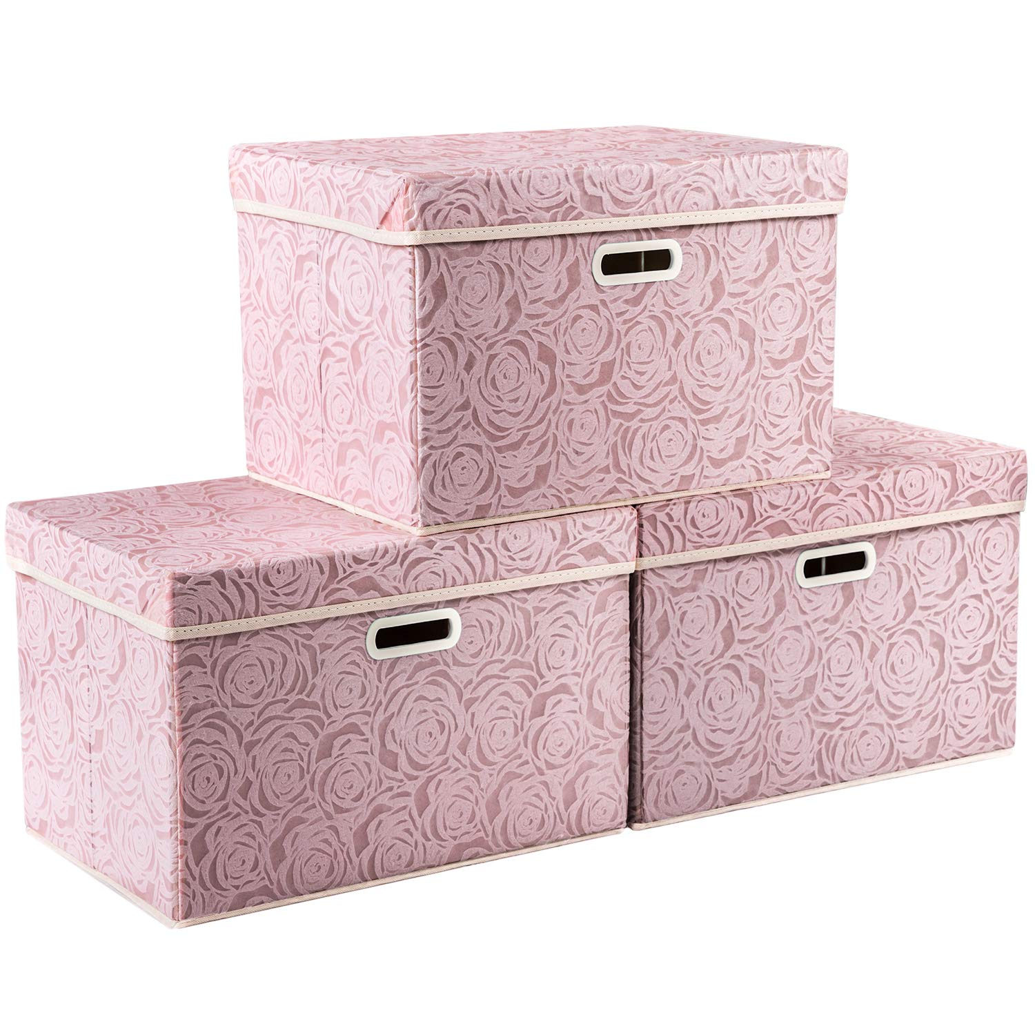 LAIFUCAM  Foldable Storage Boxes with Lid Pink Fabric Decorative Storage Cubes with Handles for Closet Bedroom Living Room Large 45x30x30cm 3 pack