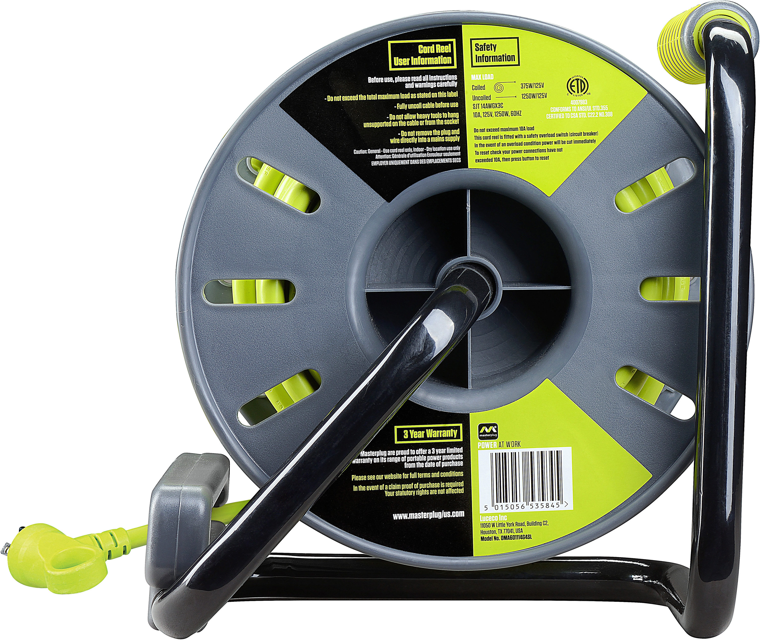 Masterplug 100' Heavy Duty Extension Cord Reel with Wall Mounting