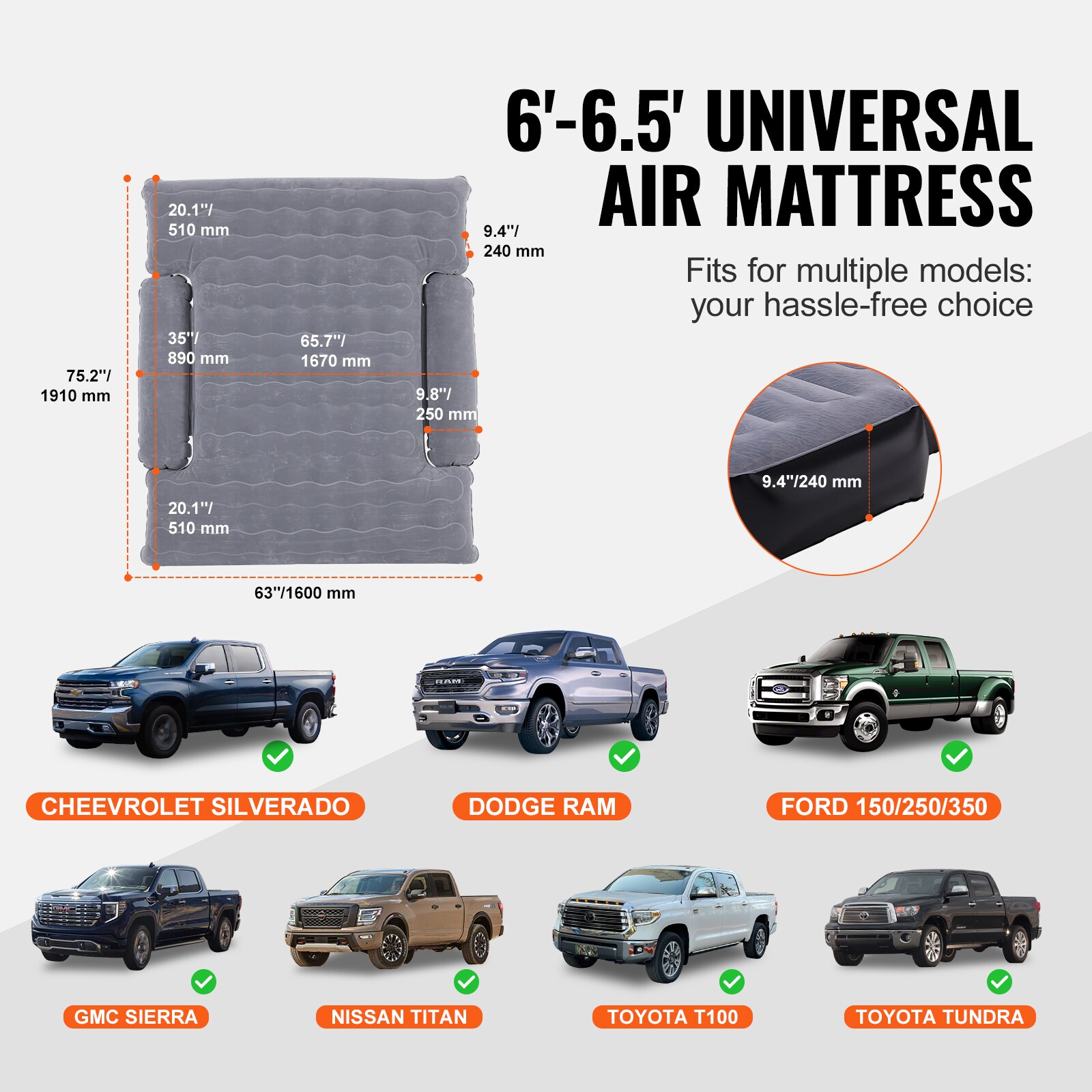 VEVOR Truck Bed Air Mattress for 6-6.5 ft Full Size Truck Beds ...