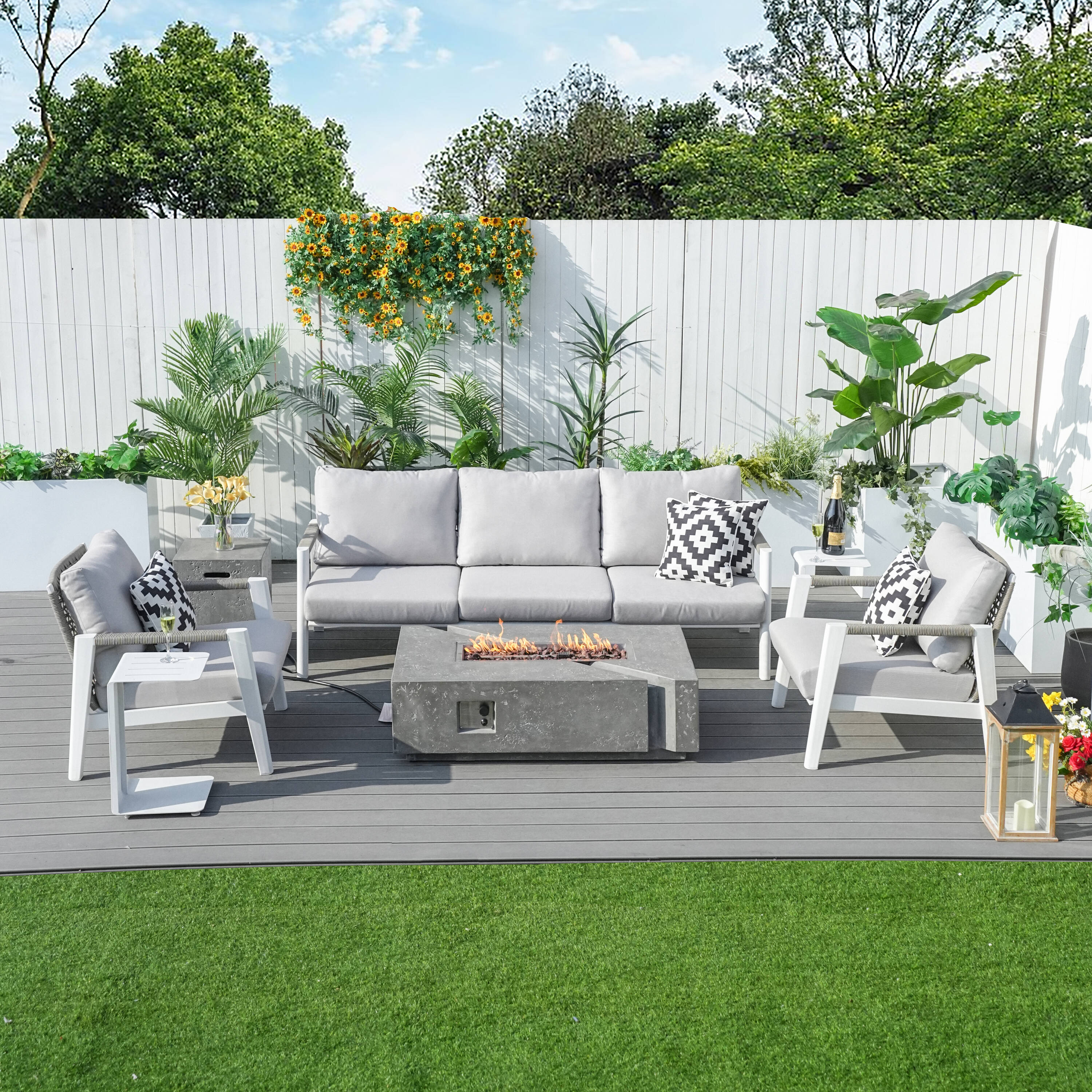 Direct Wicker DWG-2322W&24913G 7 -Piece 3 Patio Sofa Conversation Set with Gray Cushions