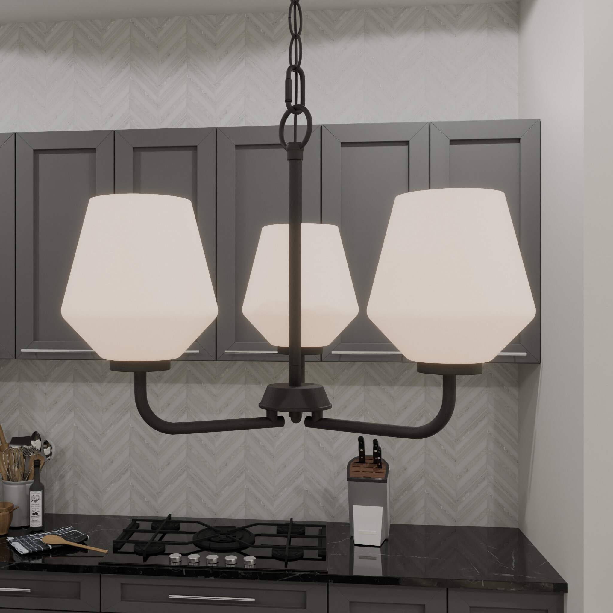Quoizel NIE2817MBK Nielson 3-Light Matte Black Transitional Etched Glass Geometric Led, Medium Hanging Pendant Light