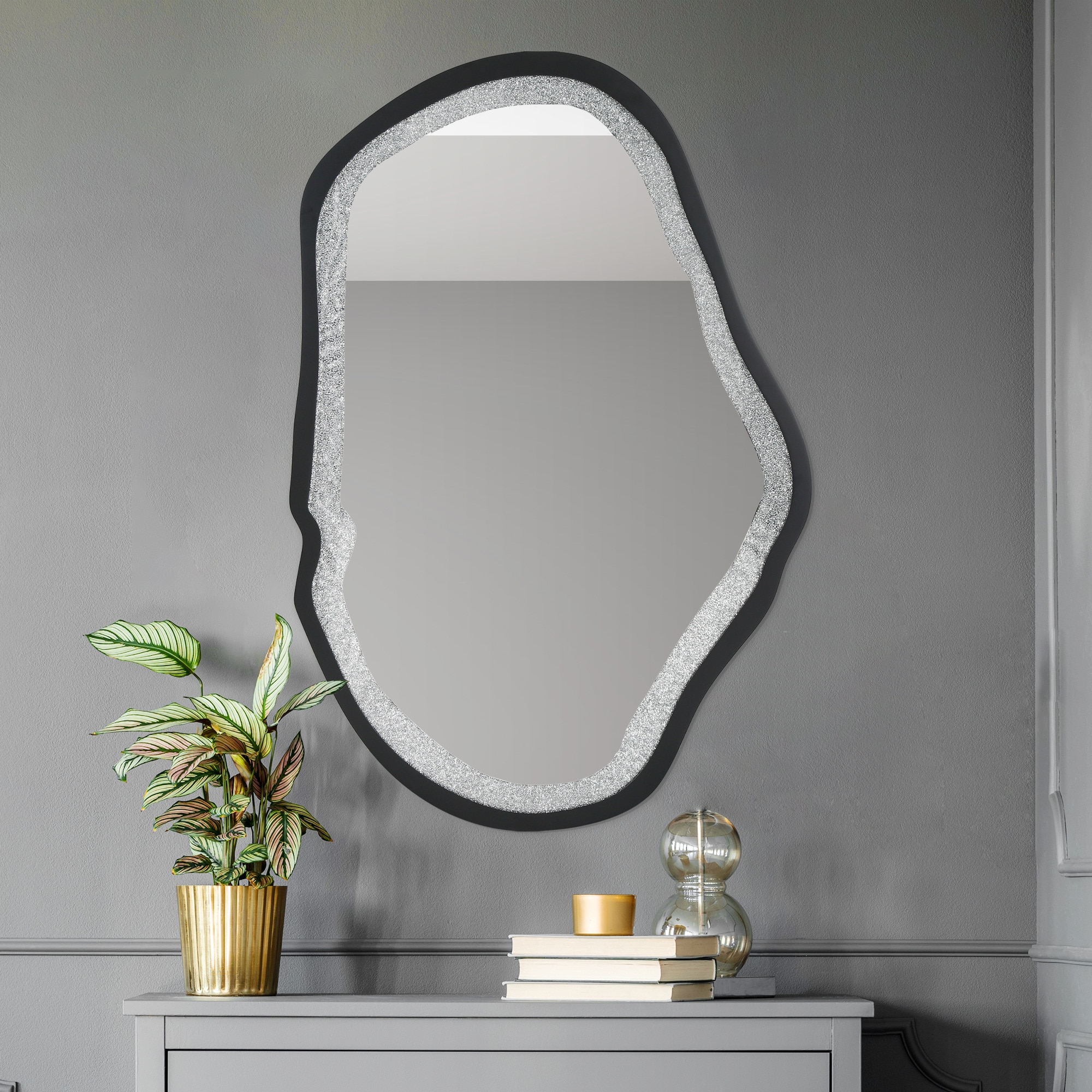 LNC 6J6JMNFU0127H9 Shoebill 31.9-in W x 47.2-in H Irregular Matte Black and Silver Framed Wall Mirror