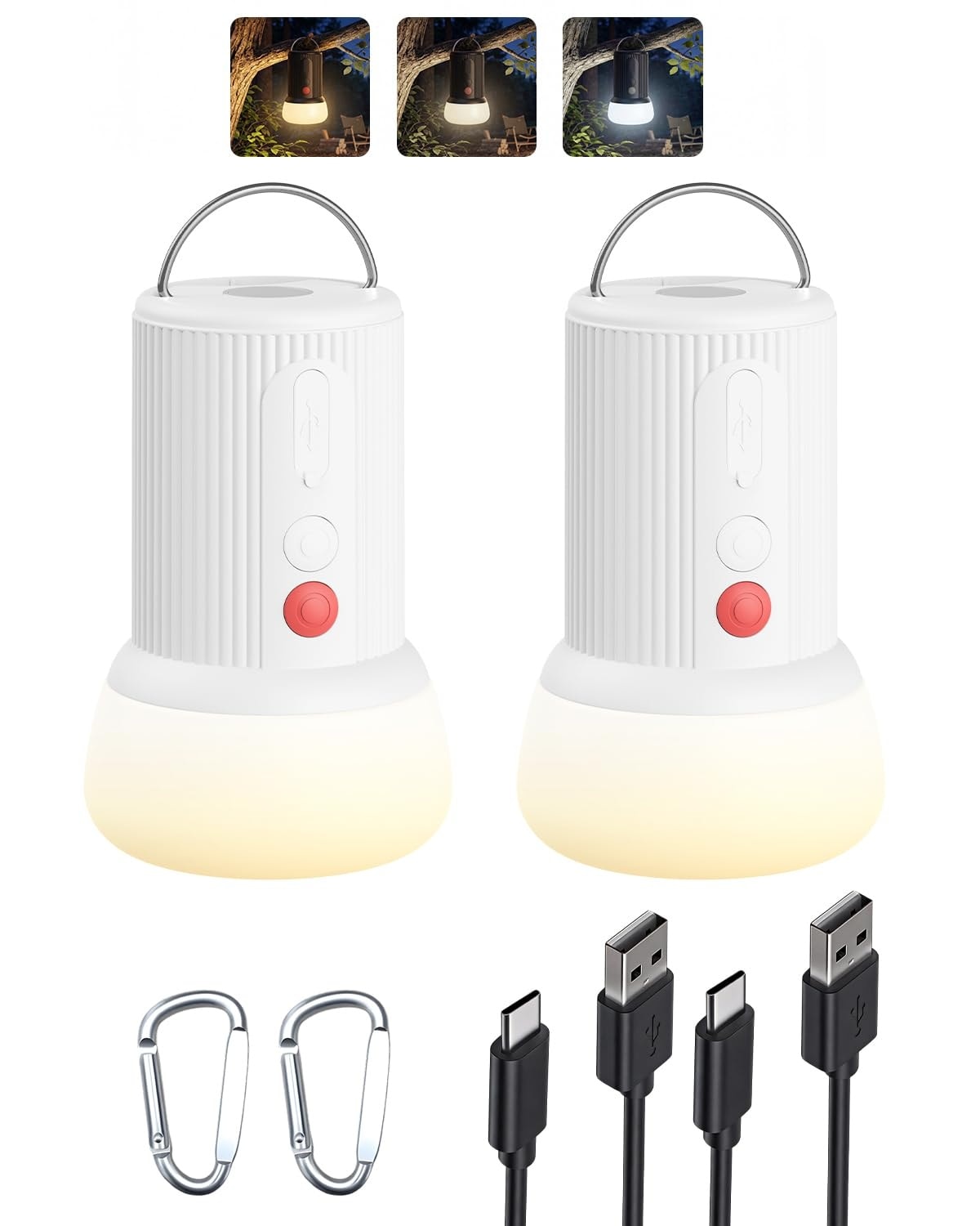 Justincity 2 Pack LED Rechargeable Camping Lantern 300 Lumen IPX5 Water Resistant Tent Light with Hook Magnetic Base 4 Modes for Hiking Fishing Outages #LJT0502F24